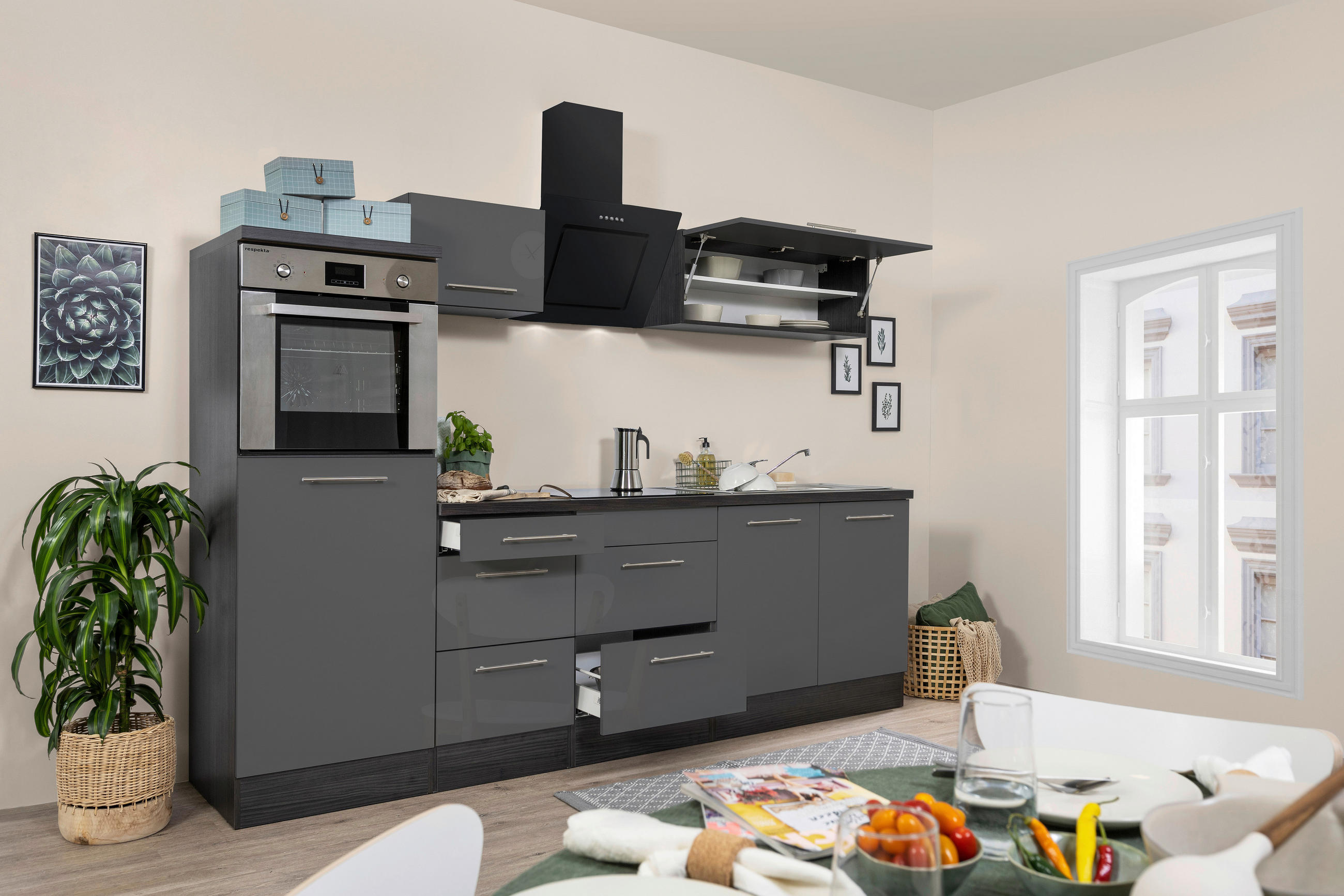 KÜCHENBLOCK 270 cm Grau, Eichefarben E-Geräte, Spüle, Soft-Close-System, Ab- und Überlaufgarnitur, Herdanschlusskabel - Edelstahlfarben/Eichefarben, Basics, Metall (270cm) - Respekta