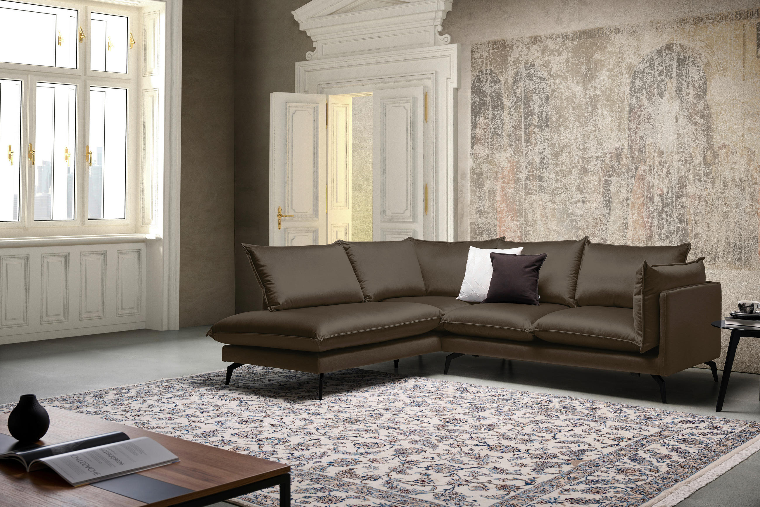ECKSOFA Braun Samt  - Schwarz/Braun, Design, Textil/Metall (200/241cm) - Carryhome