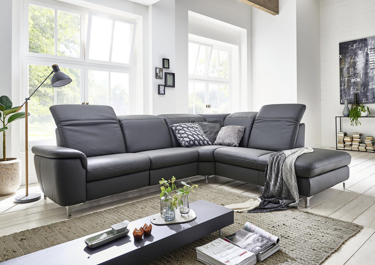 ECKSOFA Anthrazit Echtleder  - Chromfarben/Anthrazit, KONVENTIONELL, Leder/Metall (292/242cm) - Cantus