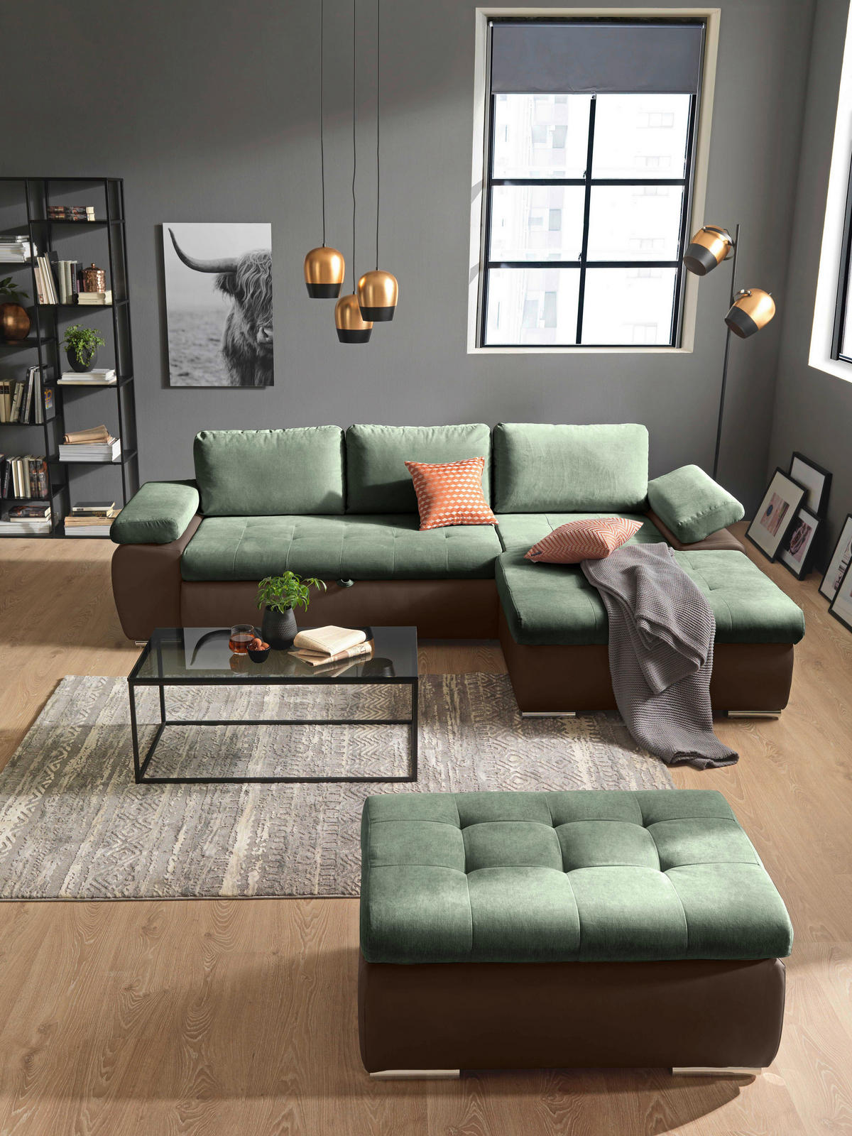 SEDEŽNA GARNITURA, gladka tkanina olivno zelena , rjava  - barve niklja/olivno zelena, Design, umetna masa/tekstil (271/175cm) - Xora