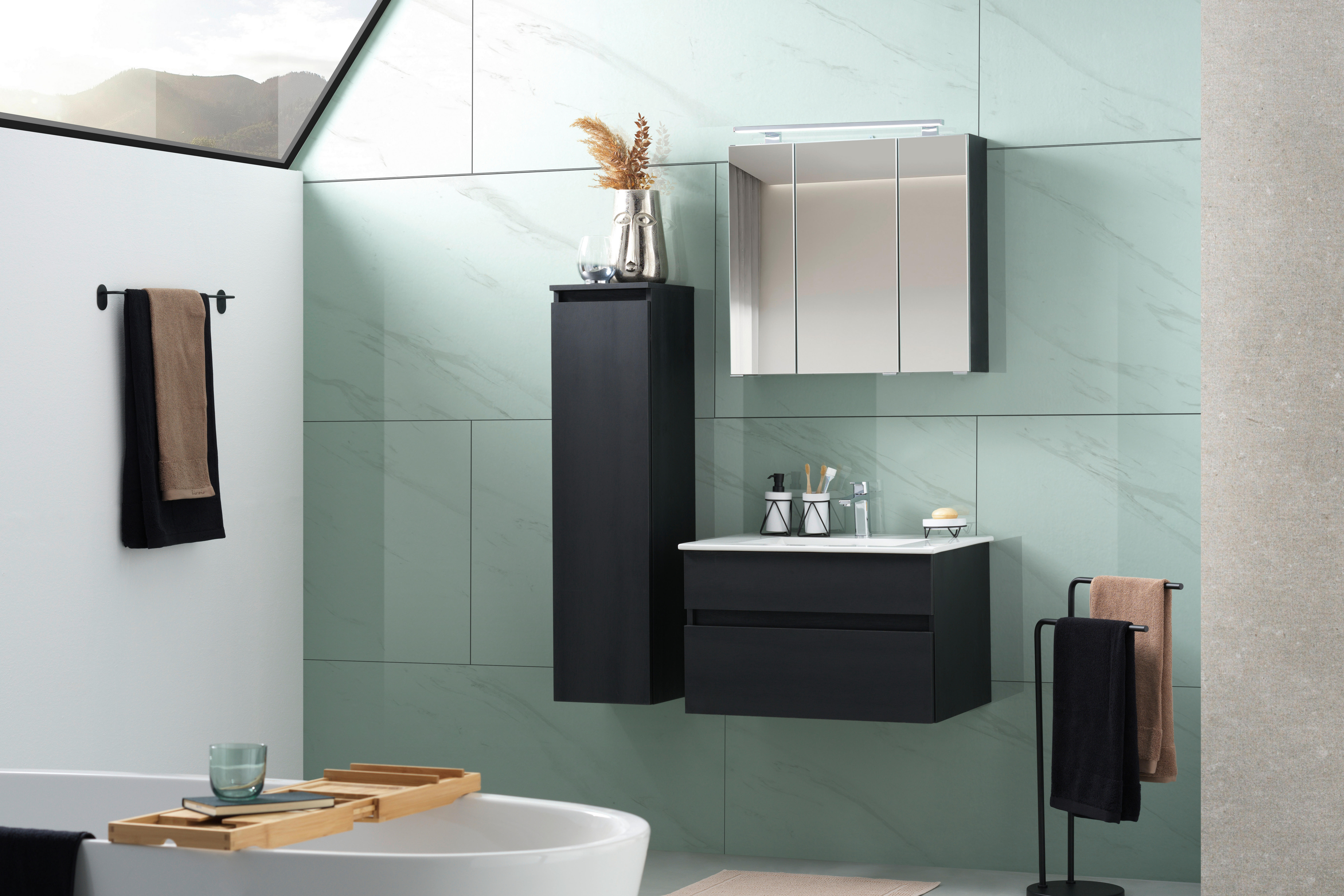 BADEZIMMER 3-teilig  in 72 cm  - Weiss/Schwarz, Design, Keramik/Holzwerkstoff (72cm) - Novel