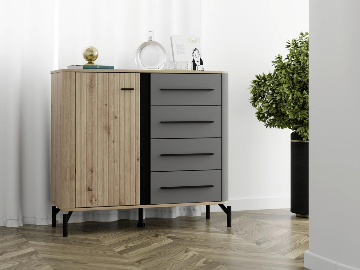 KOMMODE , 102,5/94/40 cm, 4 Schublade(n)  - Schwarz/Graphitfarben, MODERN, Holzwerkstoff/Metall (102,5/94/40cm) - MID.YOU