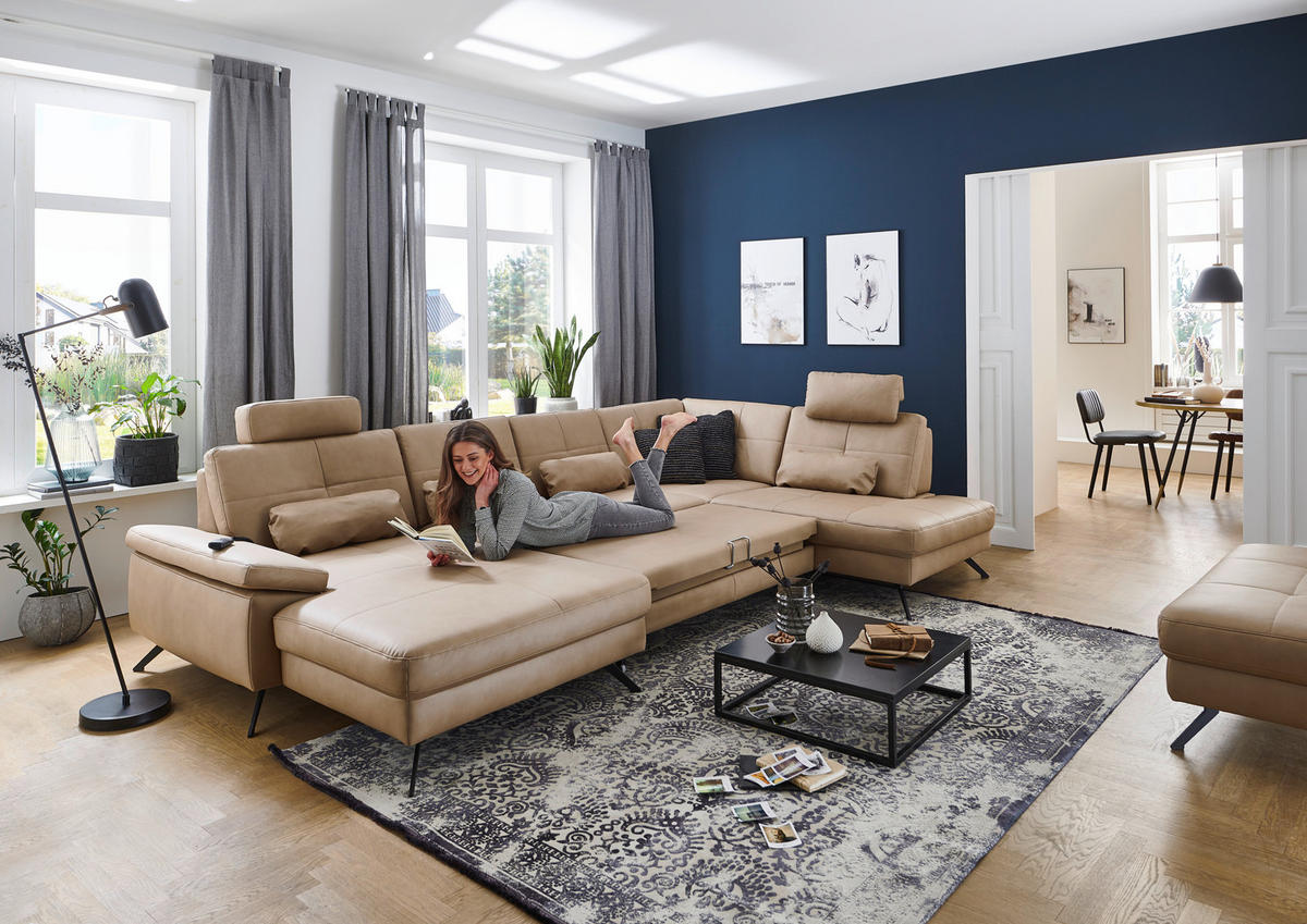 WOHNLANDSCHAFT in Lederlook, Mikrofaser Hellbraun, Haselnussfarben  - Hellbraun/Schwarz, Design, Textil/Metall (345/220cm) - Beldomo System