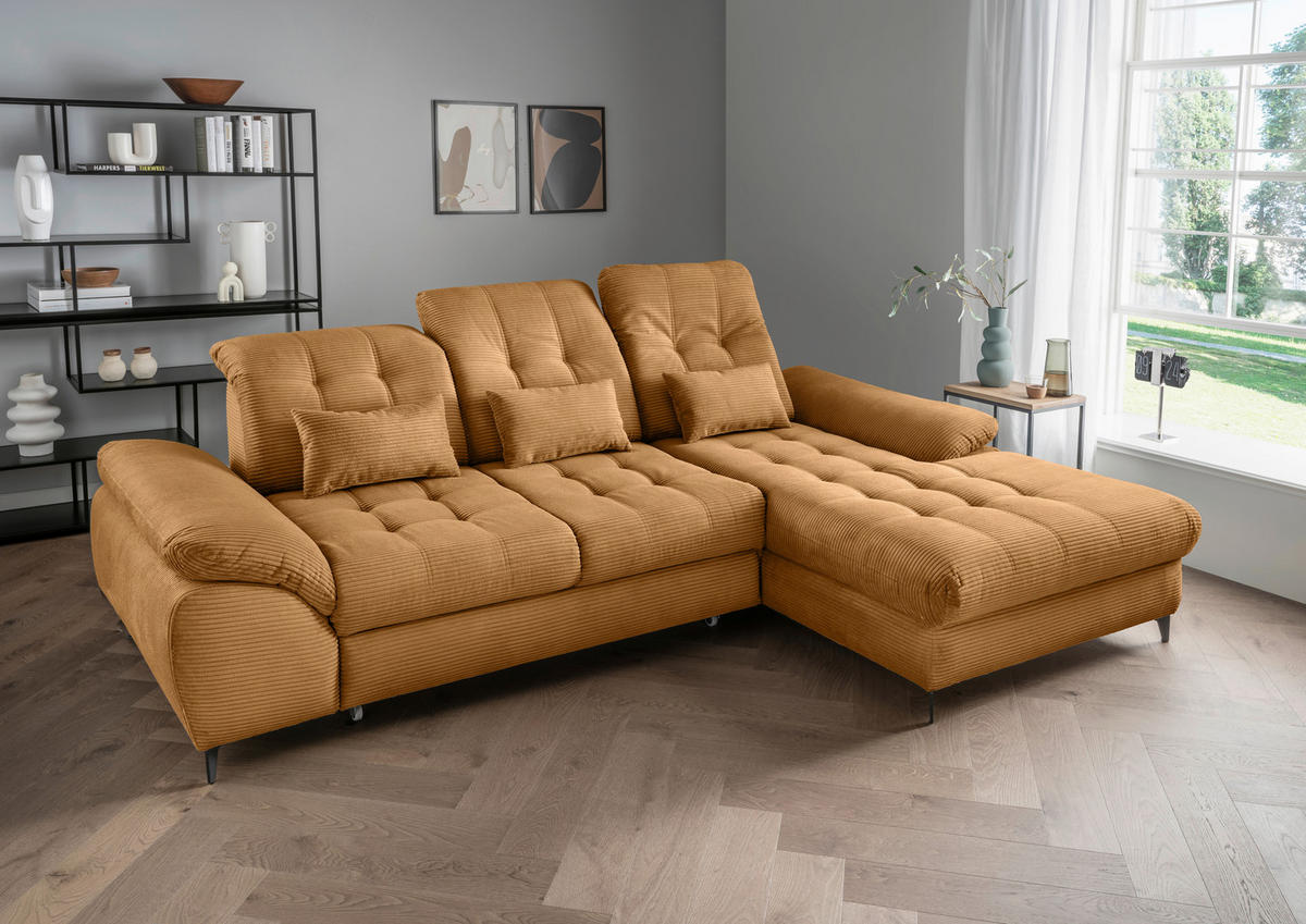 ECKSCHLAFSOFA in Cord Goldfarben  - Goldfarben/Schwarz, Modern, Textil/Metall (273/189cm) - Livetastic