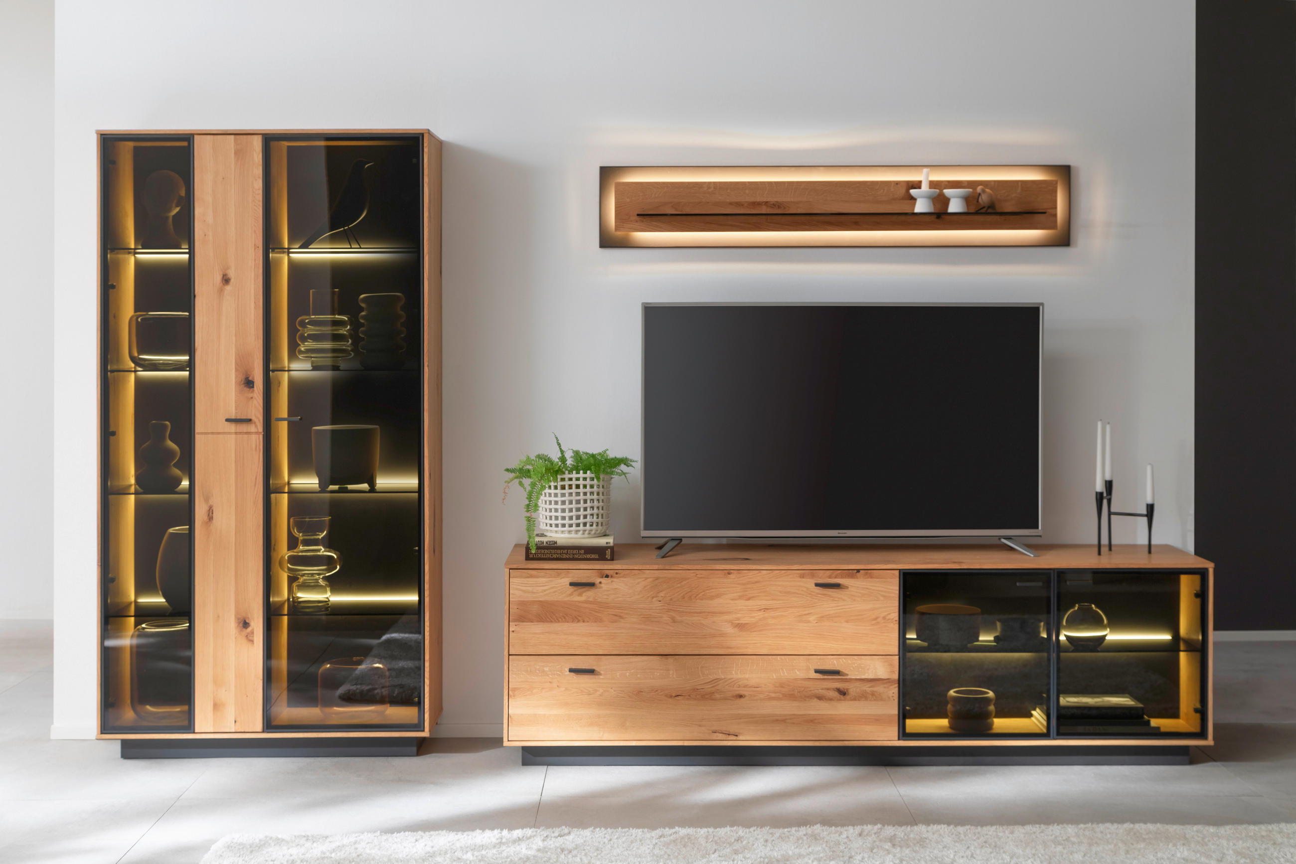 WOHNWAND  in Anthrazit, Eichefarben  319/190/50 cm  - Eichefarben/Anthrazit, Natur, Glas/Holz (319/190/50cm) - Linea Natura