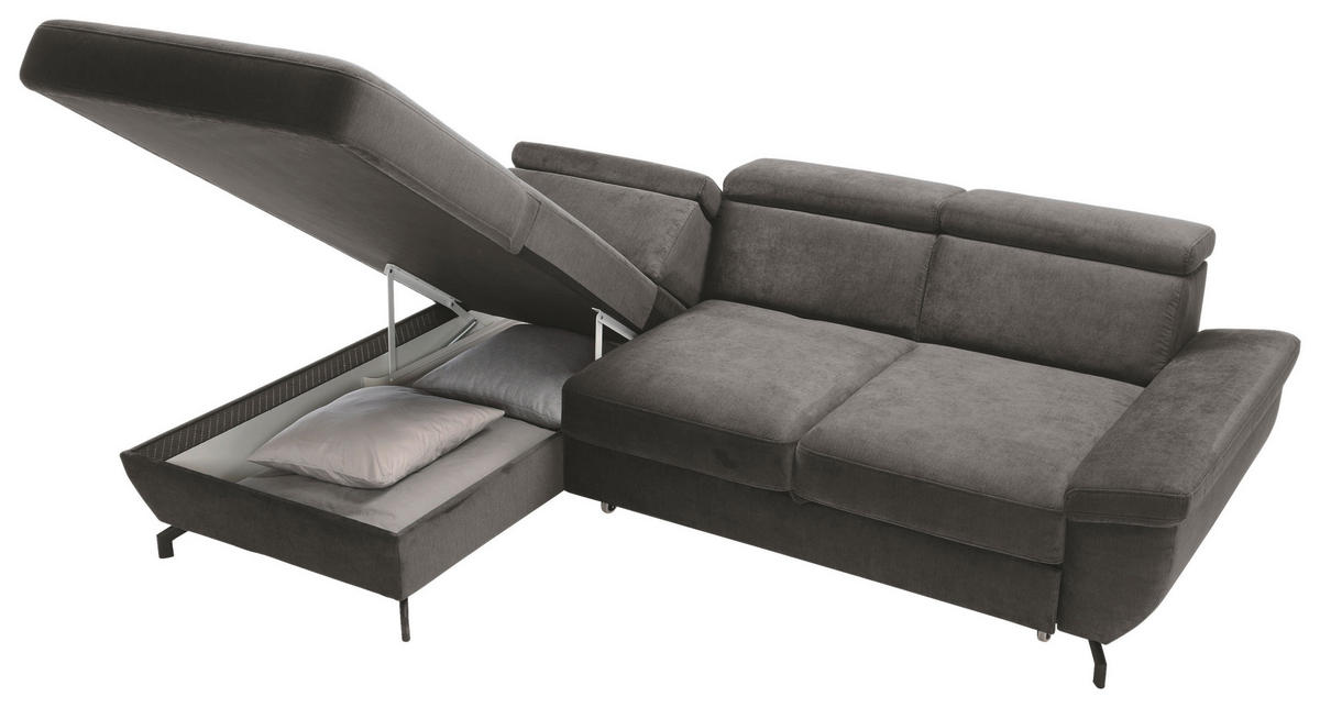 ECKSOFA in Velours Anthrazit  - Anthrazit/Silberfarben, MODERN, Textil/Metall (182/262cm) - Trendmanufaktur