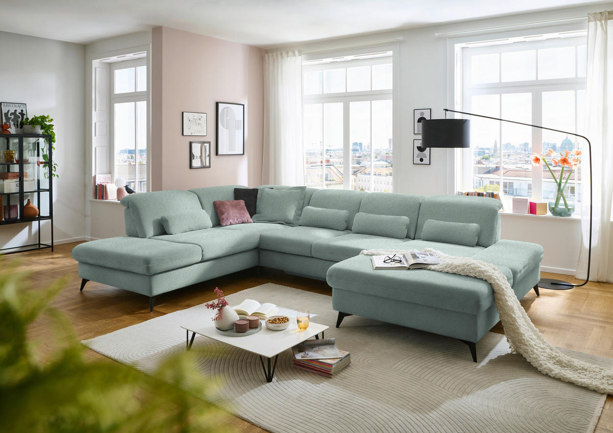 WOHNLANDSCHAFT  in Chenille Mintgrün  - Schwarz/Mintgrün, Design, Textil/Metall (255/364/198cm) - Beldomo Style