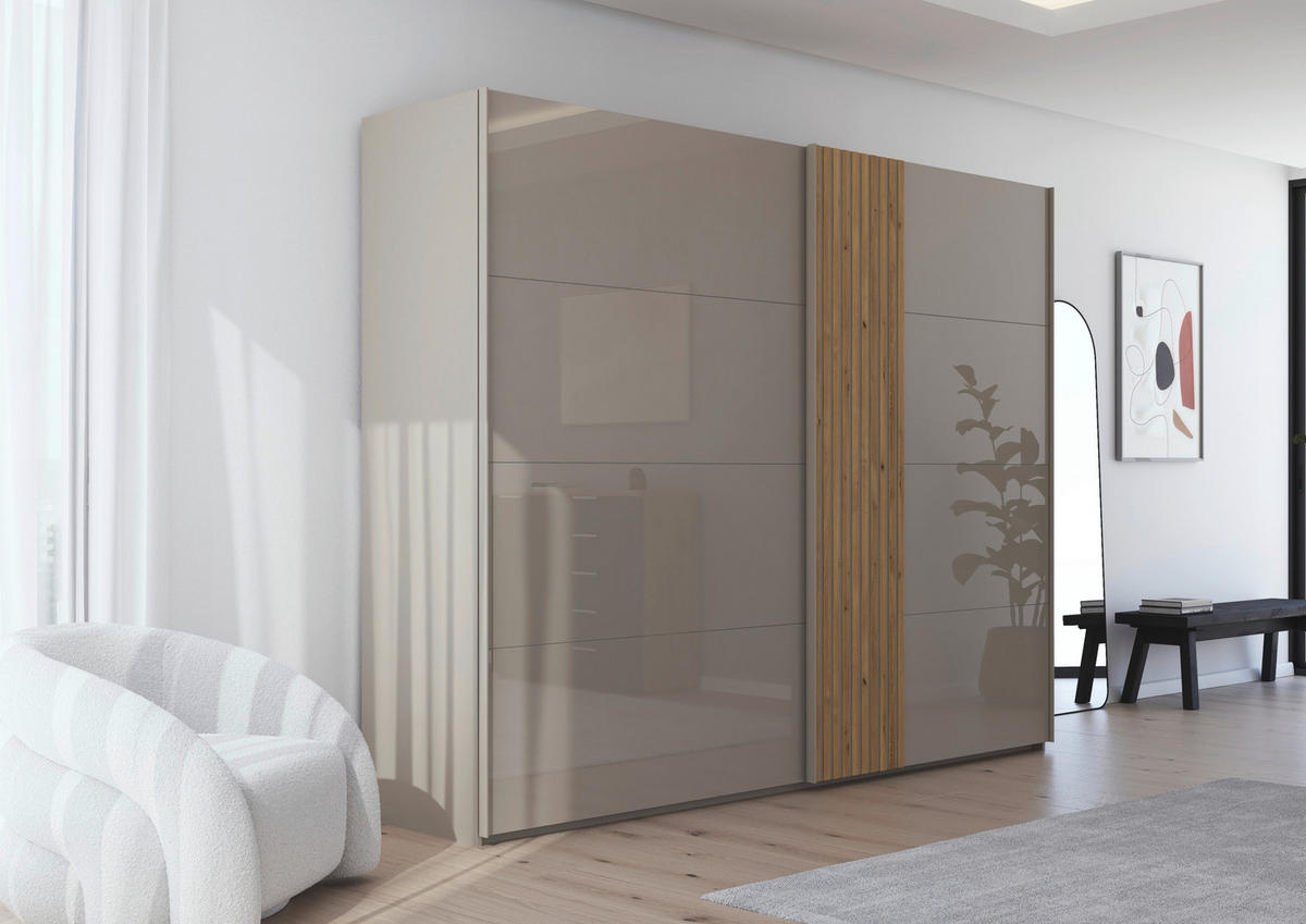 SCHWEBETÜRENSCHRANK  in Eichefarben, Fango  - Fango/Eichefarben, Design, Glas/Holzwerkstoff (262/223/68cm) - Novel