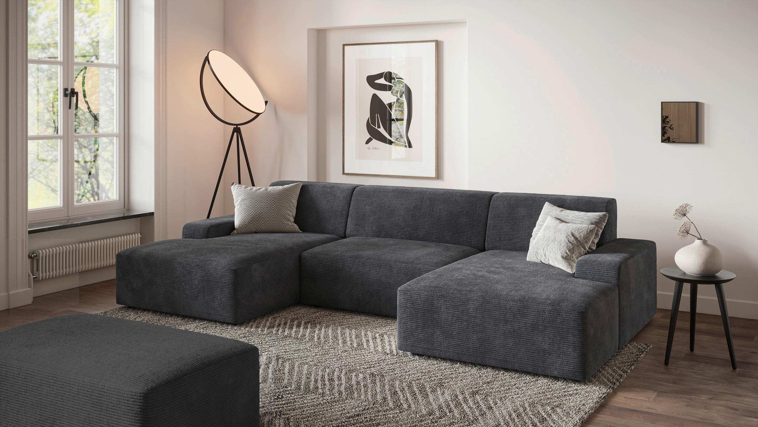 HOCKER in Textil Dunkelgrau - Dunkelgrau/Schwarz, Modern, Kunststoff/Textil (112/44/66cm) - Trendmanufaktur
