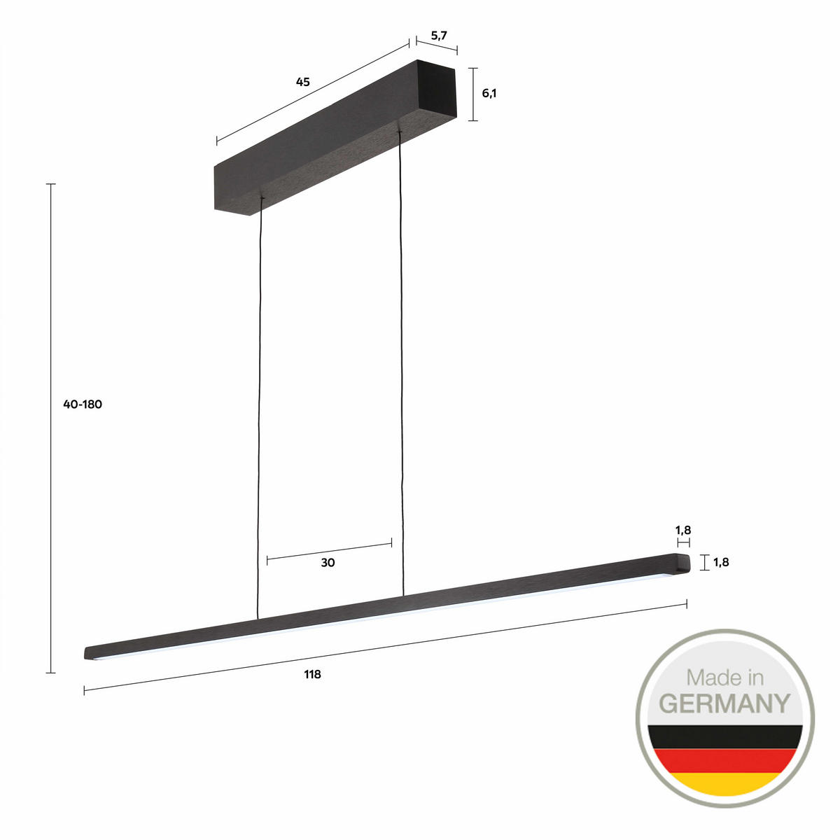 LED-HÄNGELEUCHTE Pendelleuchte 18/18 Down Gestensteuerung 118/1,8/1,8 cm   - Schwarz, Design, Metall (118/1,8/1,8cm) - Ambiente