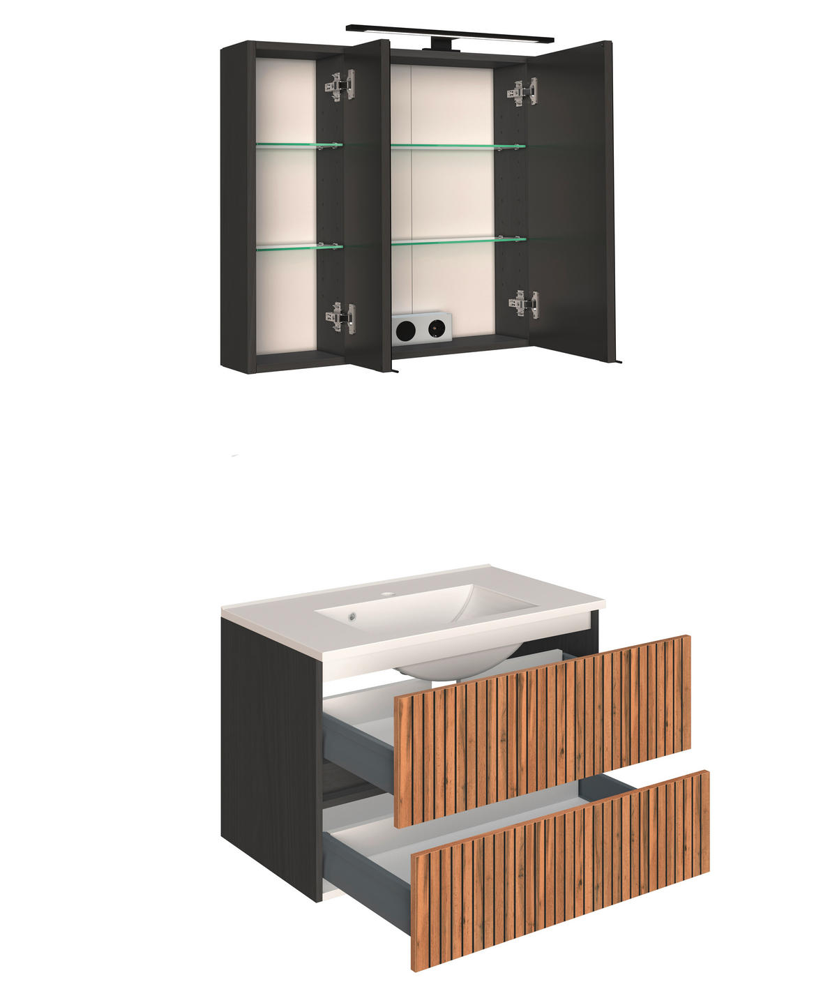 BADEZIMMER  in 80 cm  - Eiche Wotan/Graphitfarben, KONVENTIONELL, Glas/Holzwerkstoff (80cm) - Xora