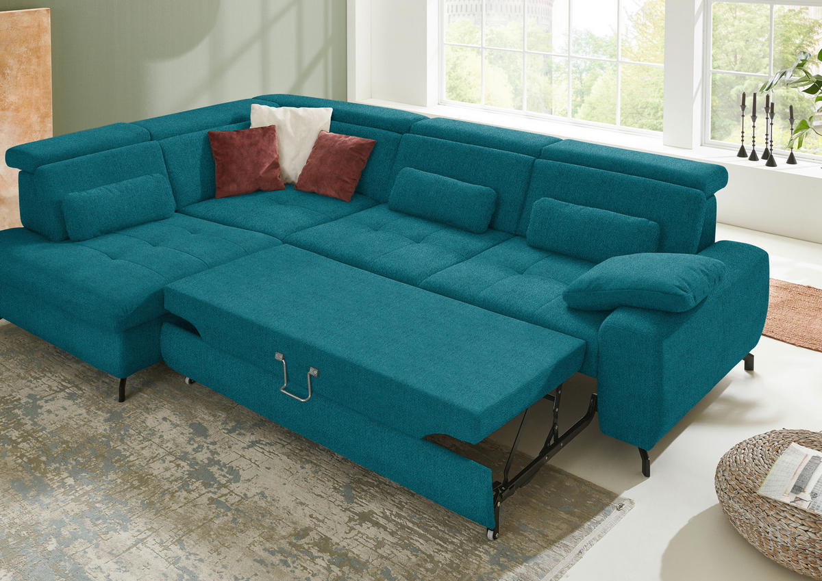 ECKSOFA in Chenille Petrol  220/310 cm  - Petrol/Schwarz, Design, Textil/Metall (220/310cm) - Beldomo Style