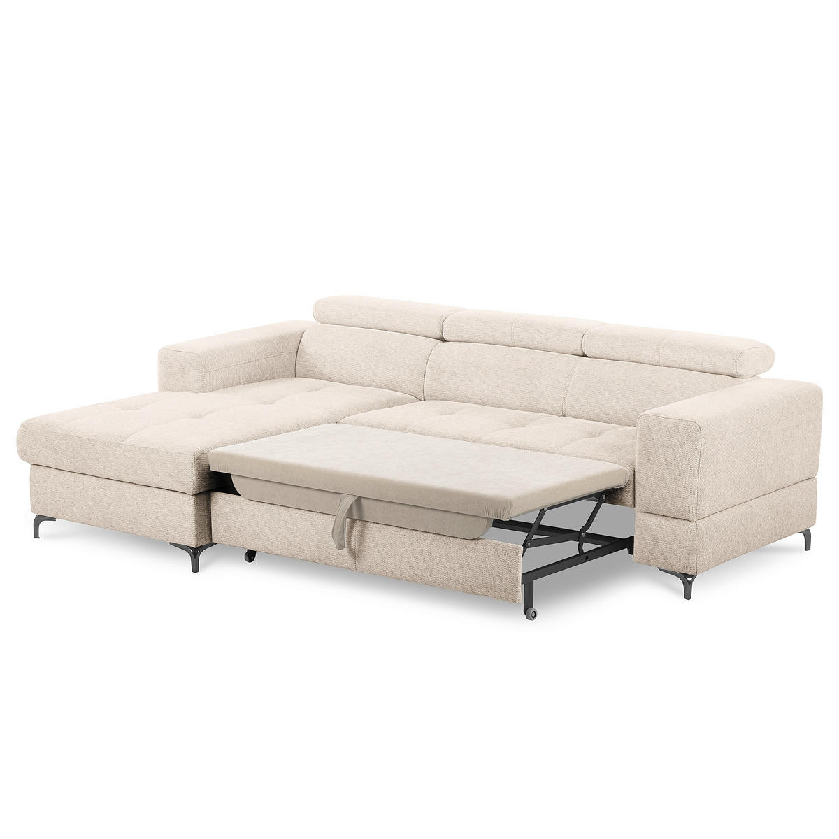 ECKSOFA TORINO Beige Chenille Bettkasten, Kopfteilverstellung  - Beige/Schwarzchrom, Design, Textil/Metall (173/247cm) - Livetastic