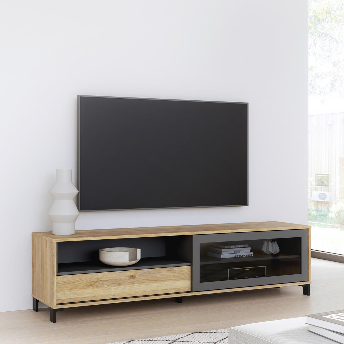 TV-ELEM 180,5/47,2/42 cm  - tölgyfa színű/fekete, Basics, faalapú anyag/üveg (180,5/47,2/42cm) - home24
