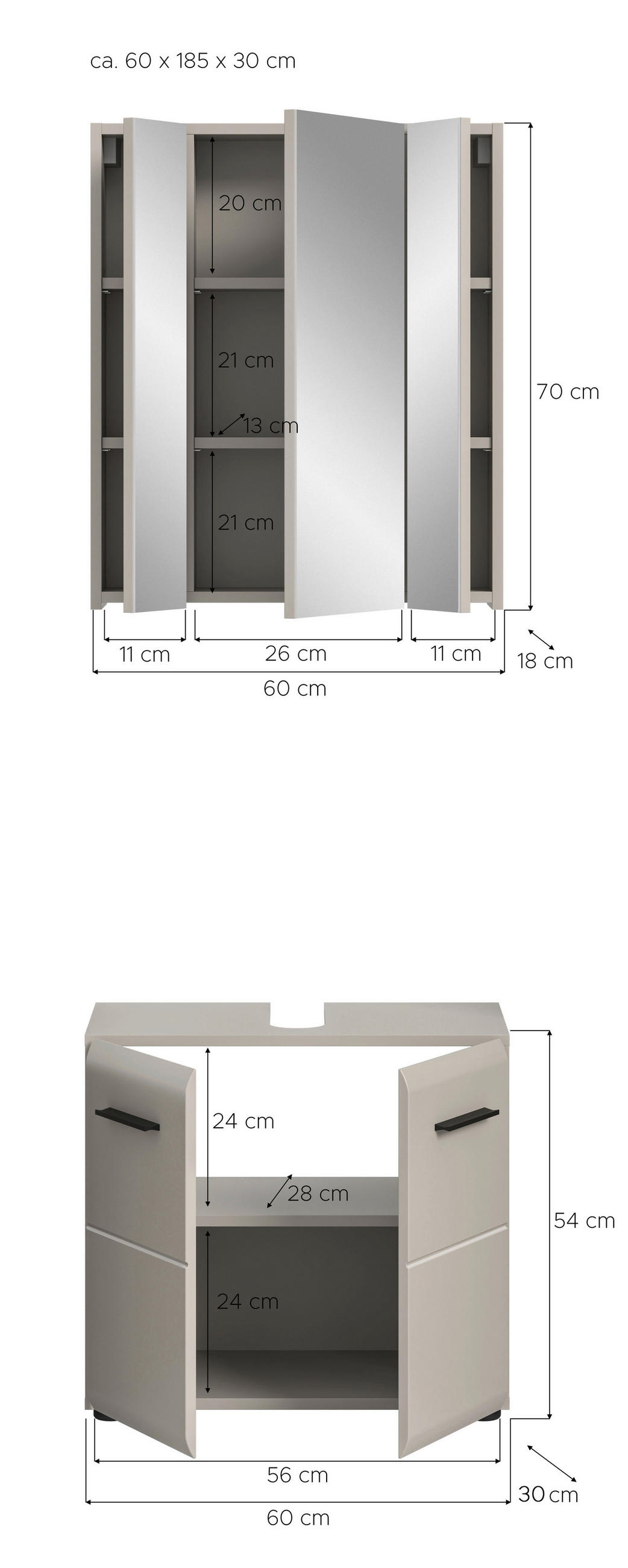 BADEZIMMER 2-teilig  in 60 cm  - Kaschmir/Schwarz, Trend, Glas/Holzwerkstoff (60cm) - MID.YOU