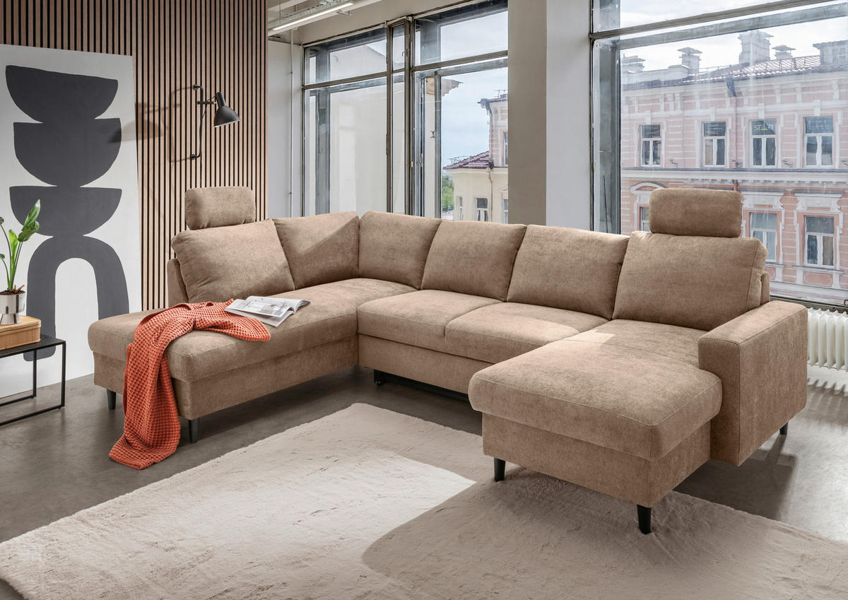 WOHNLANDSCHAFT Chenille Hellbraun  - Hellbraun/Schwarz, Modern, Holz/Textil (200/305/153cm) - Livetastic