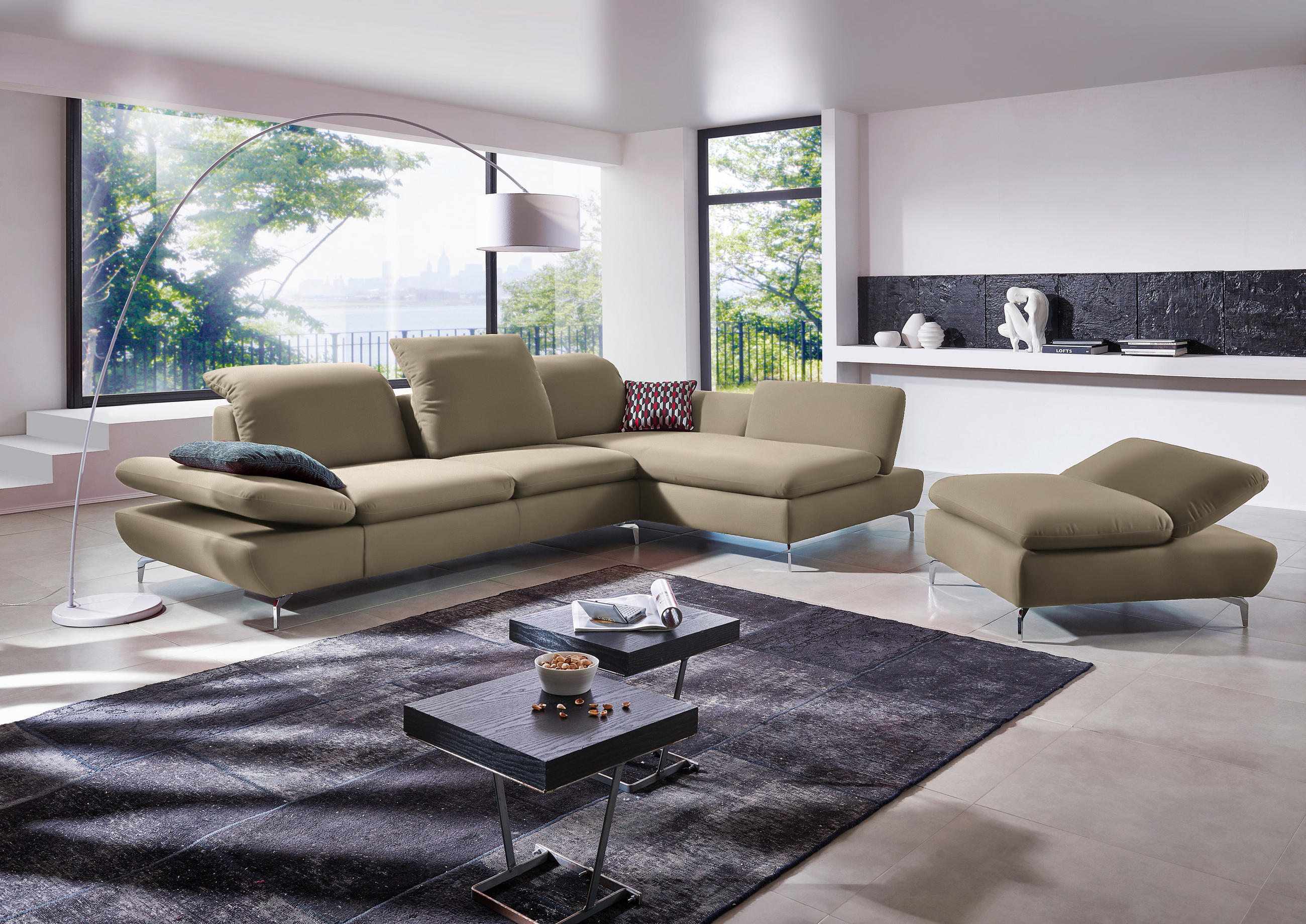 ECKSOFA in Echtleder Graubraun  - Graubraun/Silberfarben, Design, Leder/Metall (315/200cm) - Chilliano