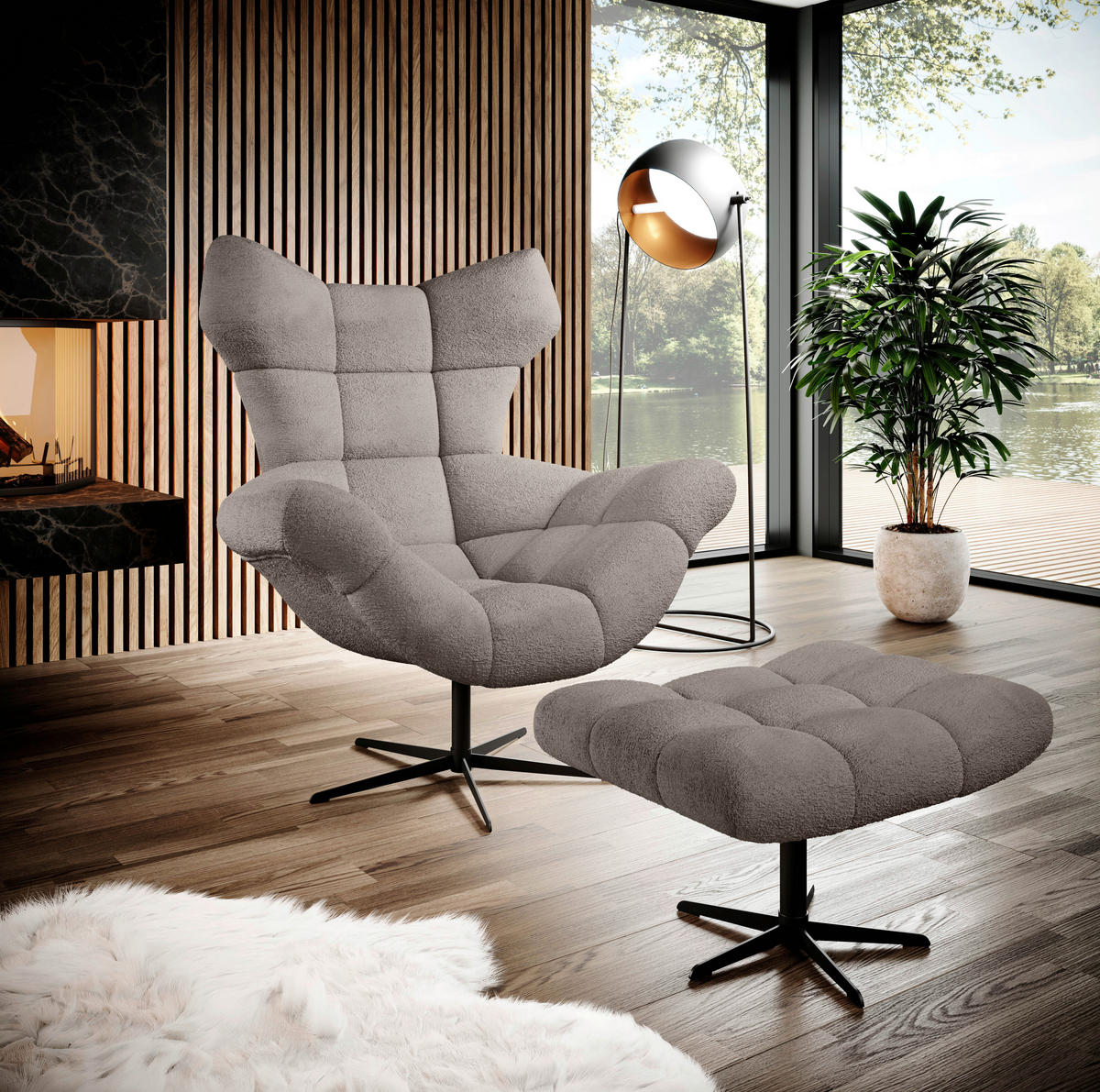 OHRENSESSEL Chenille Greige  - Greige/Schwarz, Design, Textil/Metall (103/119/84cm) - home24