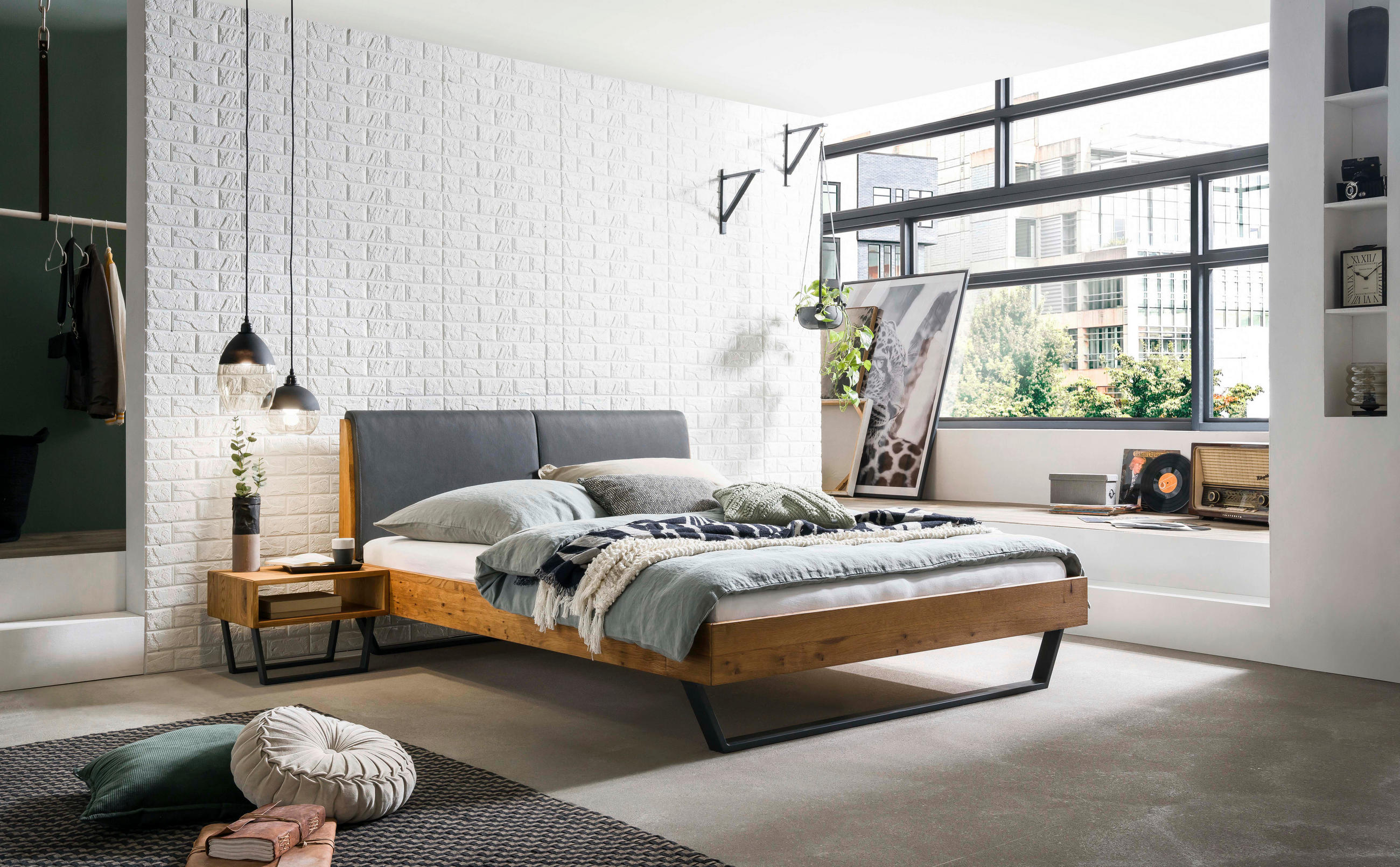 BETT 180/200 cm in Anthrazit, Grau, Eichefarben - Eichefarben/Anthrazit, Natur, Holz/Textil (180/200cm) - Hasena