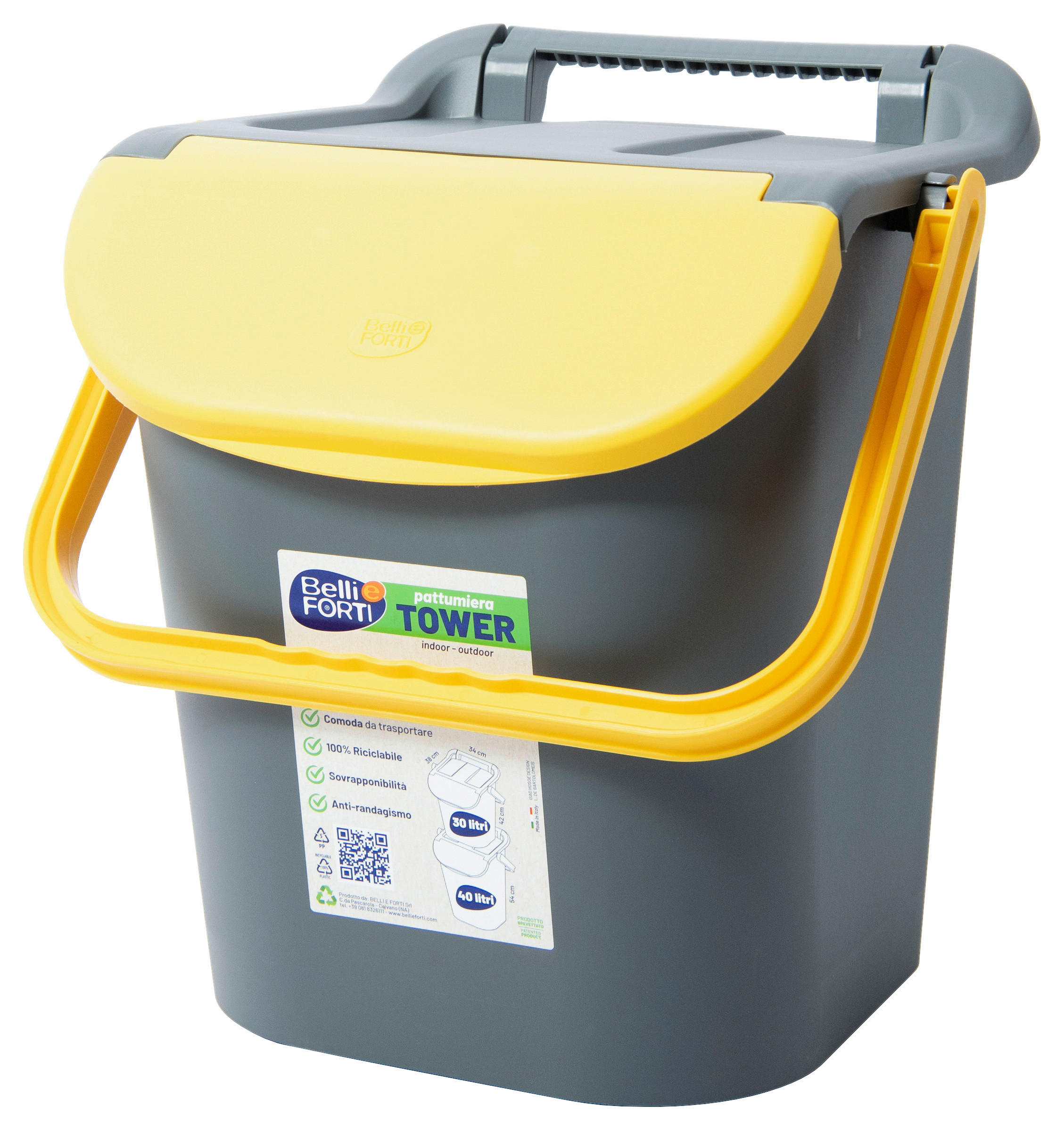 Mülleimer Tower mit Deckel 30l Kunststoff Grau/Gelb
