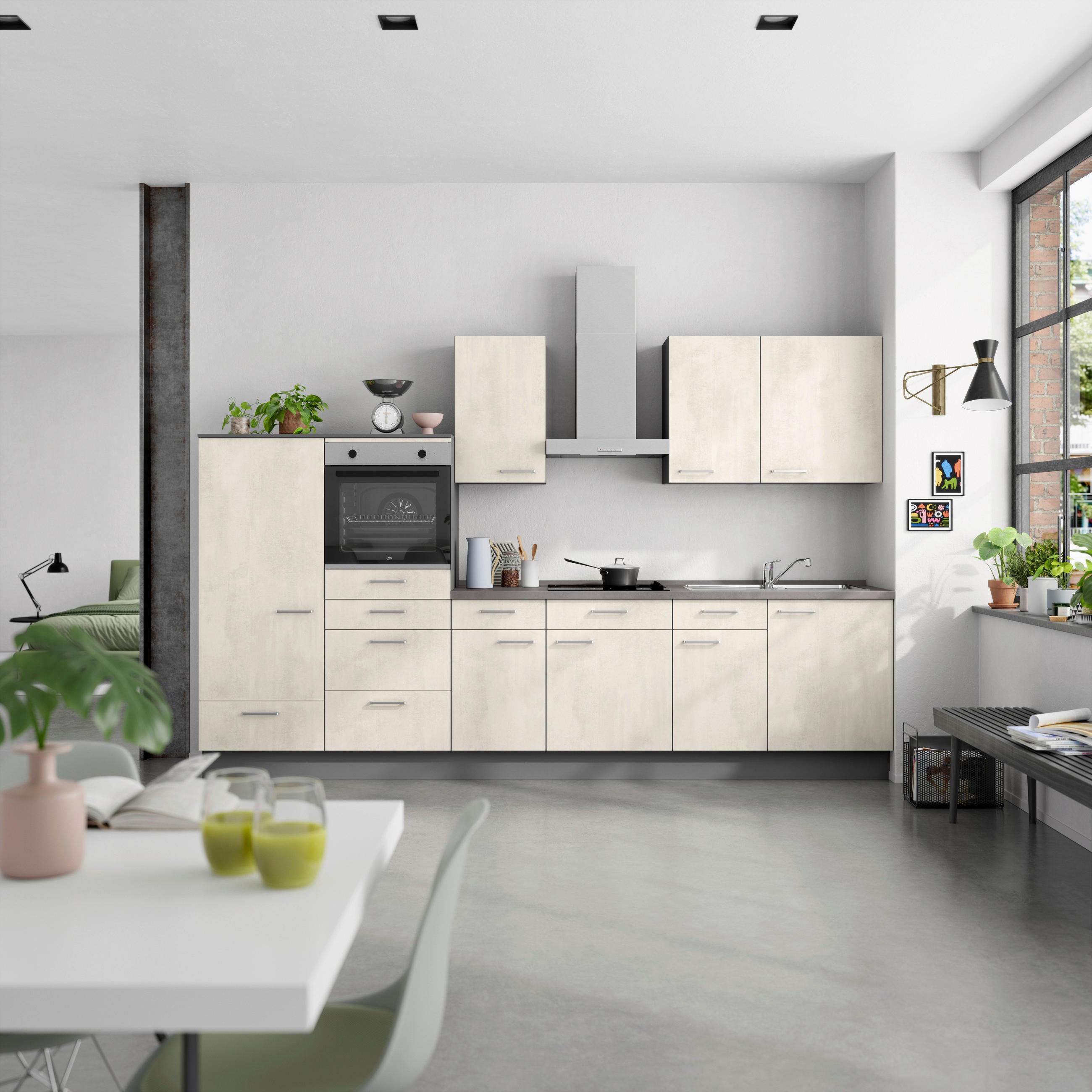 KÜCHENBLOCK Riva 330 cm  in Weiß, Schieferfarben  - Schieferfarben/Edelstahlfarben, MODERN, Holzwerkstoff/Metall (330cm) - Nobilia