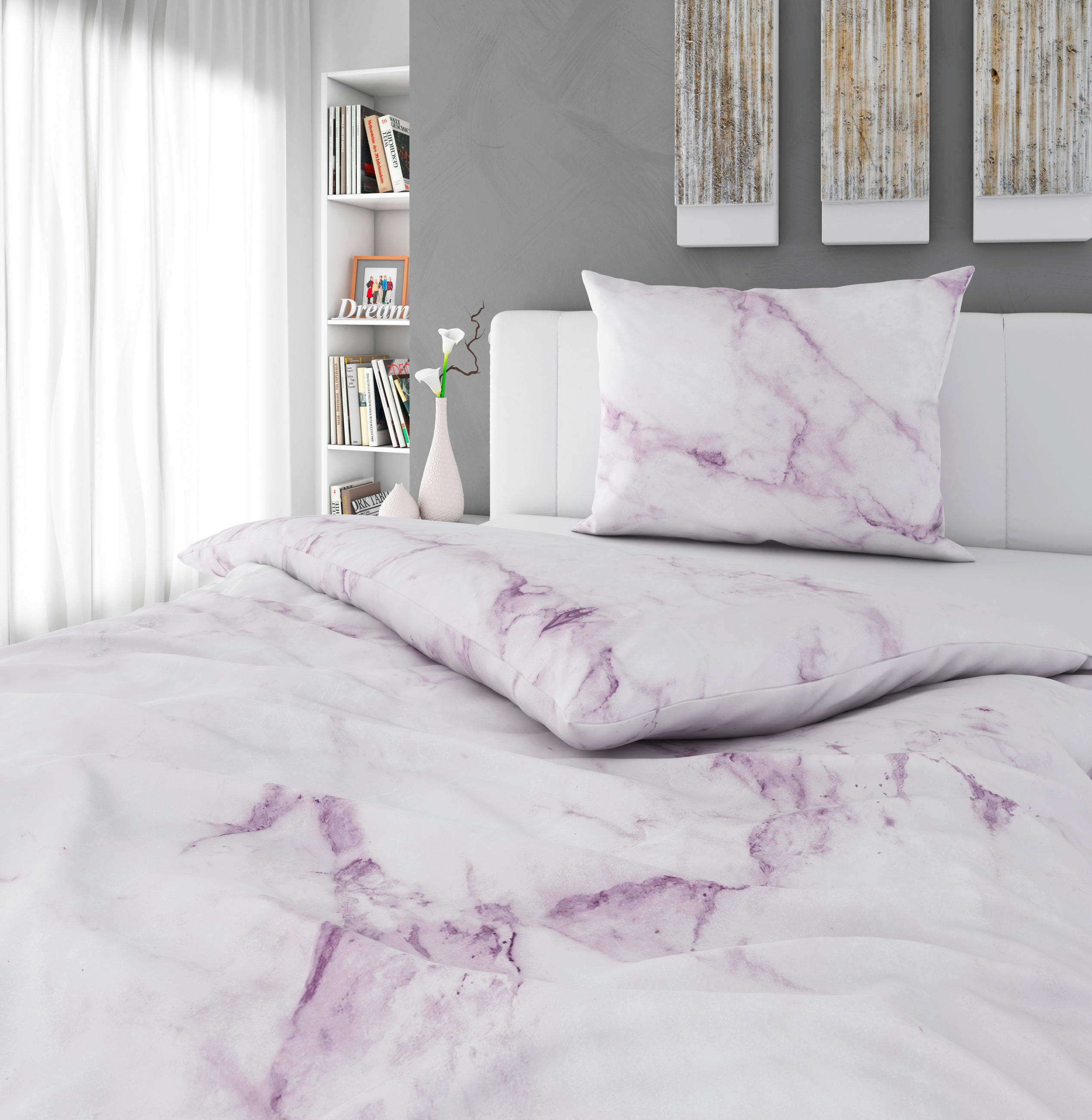 POSTELJNINA PINK MARBLE 140/220 cm saten svetlo siva  - svetlo siva, Konvencionalno, tekstil (140/220cm) - Esposa