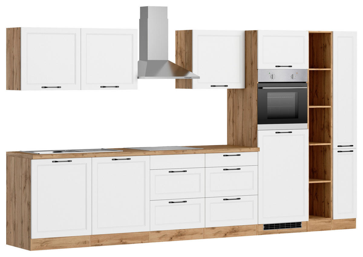 KÜCHENBLOCK 360 cm   in Weiß, Eiche Wotan  - Eiche Wotan/Schwarz, LIFESTYLE, Holzwerkstoff/Metall (360cm) - Held