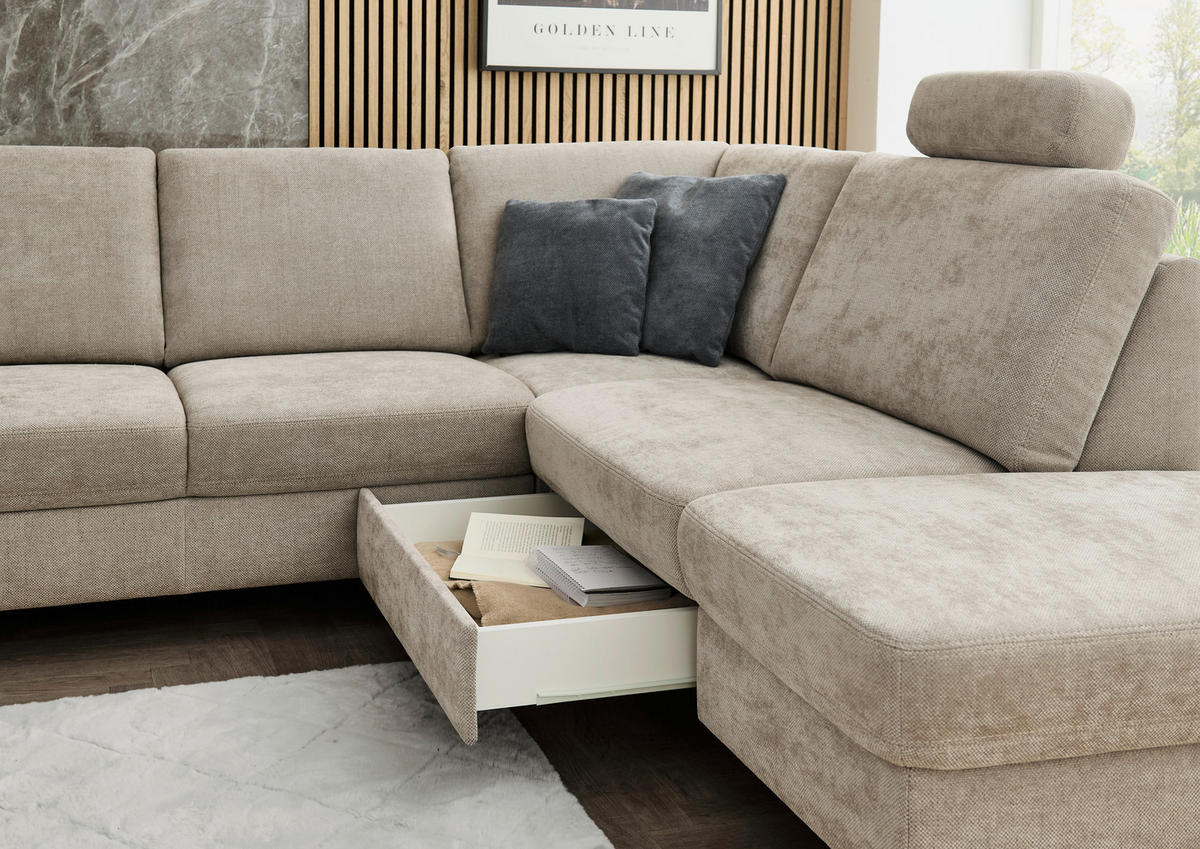 WOHNLANDSCHAFT Beldomo System in Flachgewebe Beige  - Eichefarben/Beige, KONVENTIONELL, Holz/Textil (235/316/167cm) - Beldomo System