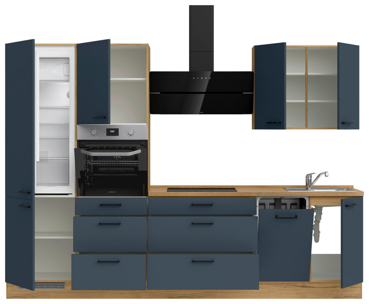 KÜCHENBLOCK Easytouch 300 cm  in Eichefarben, Dunkelblau  - Eichefarben/Schwarz, MODERN, Holzwerkstoff/Metall (300cm) - Nobilia