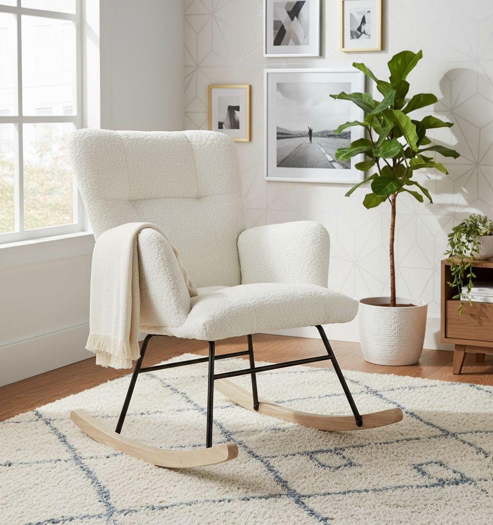 SCHAUKELSTUHL Bouclé Weiss  - Weiss/Naturfarben, Basics, Holz/Textil (62/90/52cm) - P & B