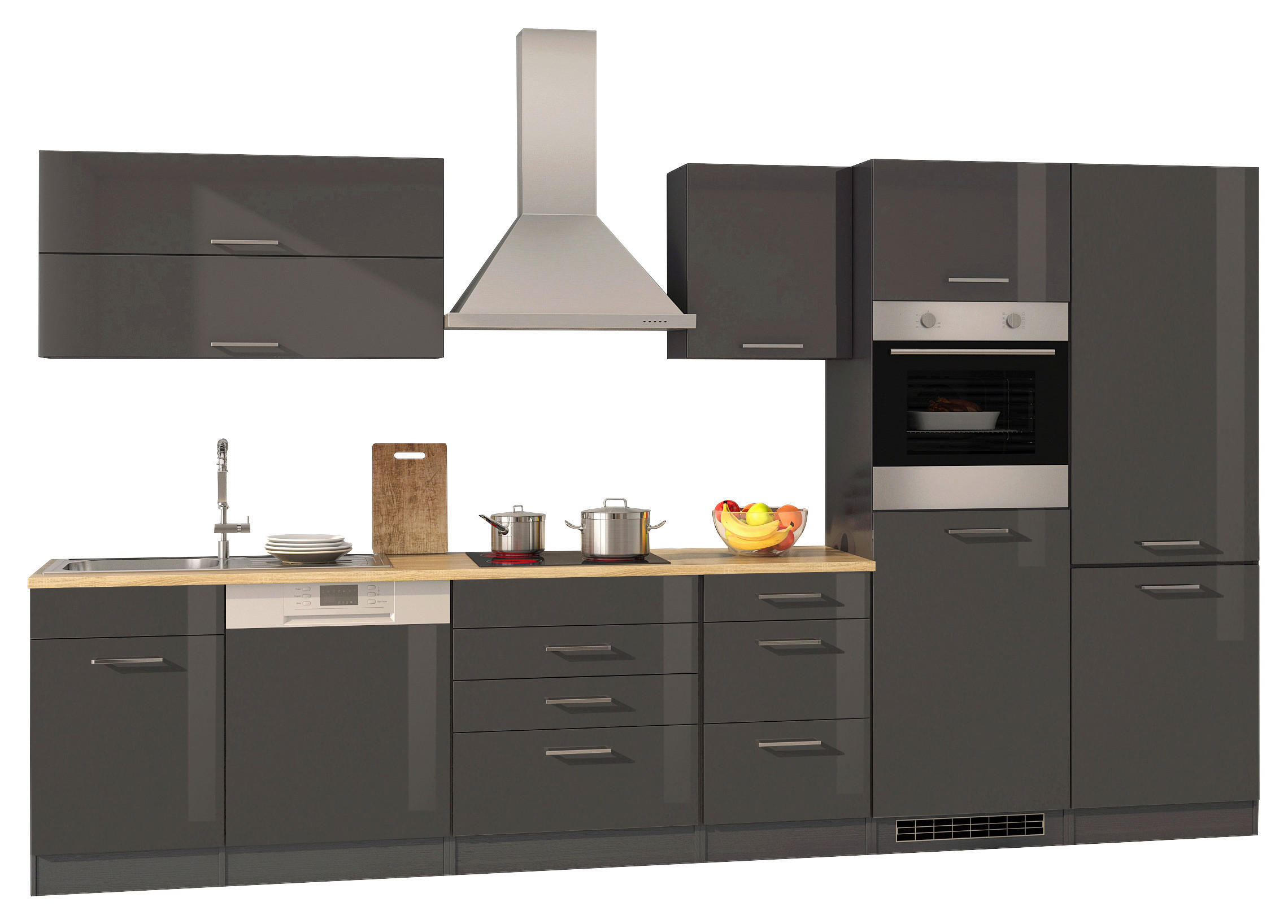 KÜCHENBLOCK 360 cm   in Graphitfarben  - Silberfarben/Graphitfarben, MODERN, Holzwerkstoff/Metall (360cm) - Held