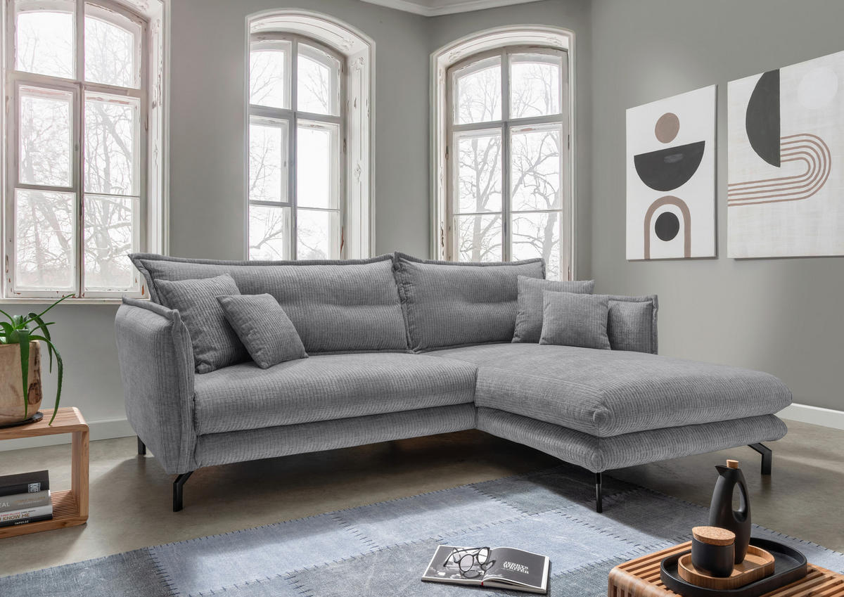 ECKSOFA in Velours Grau  - Schwarz/Grau, Design, Textil/Metall (255/180cm) - Livetastic