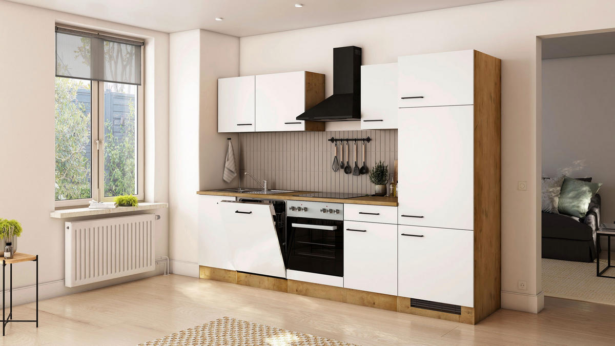 KÜCHENBLOCK 280 cm  in Eichefarben, Magnolie  - Eichefarben/Magnolie, Trend, Holzwerkstoff/Metall (280cm) - FlexWell