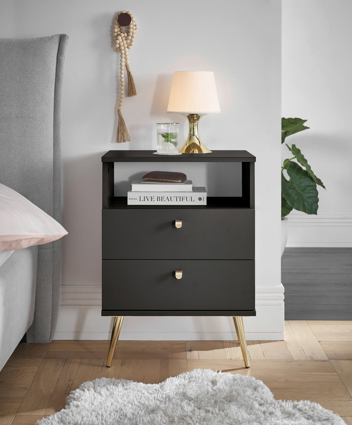 NACHTSCHRANK 50/70/34 cm  - Messingfarben/Graphitfarben, KONVENTIONELL, Holzwerkstoff/Metall (50/70/34cm) - Carryhome