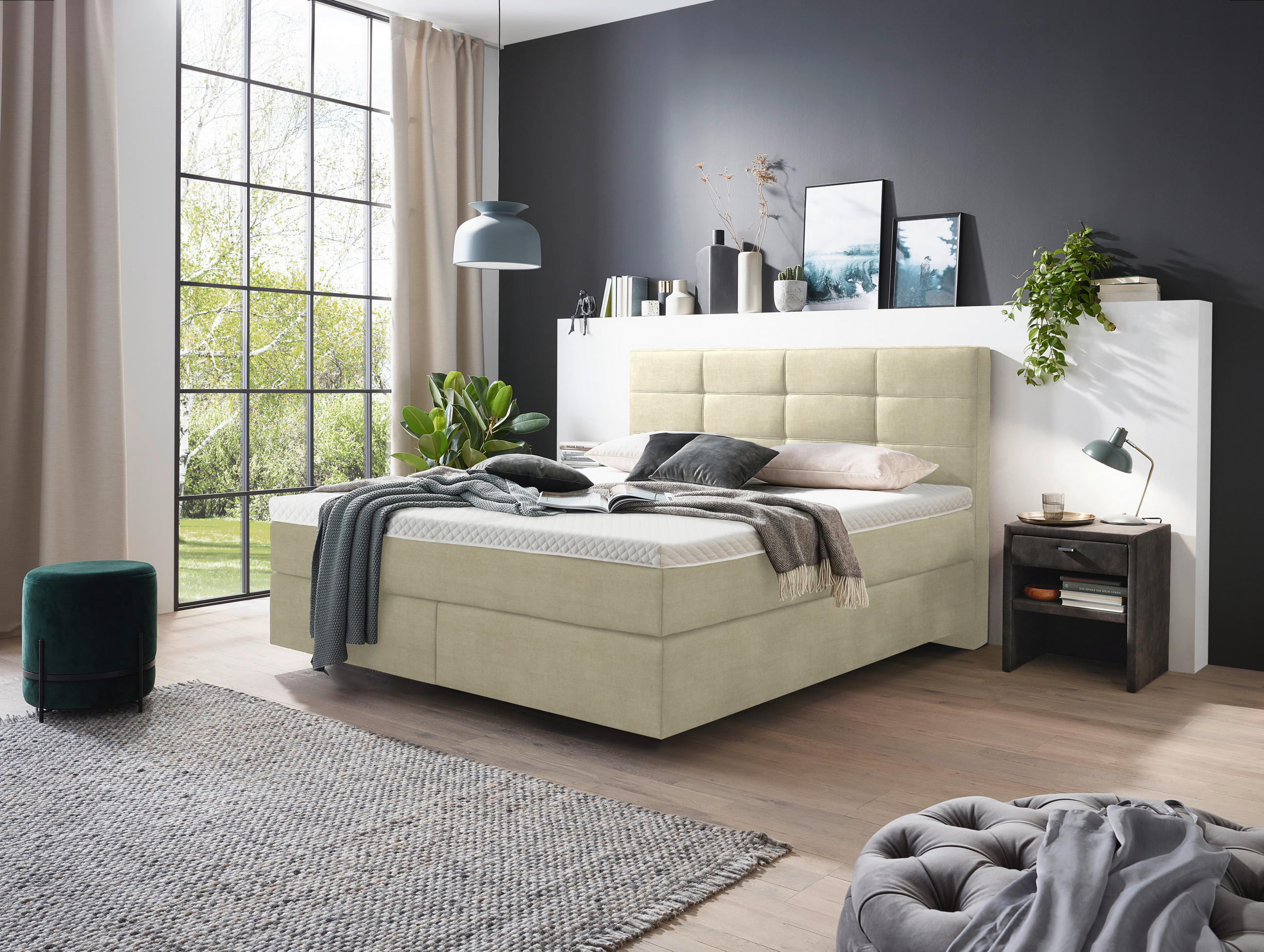 Thumbnail - Voleo Boxspringbett, Beige, Textil, H2 + H3, 7-Zonen, Höhe ca. 18 cm, 200x200 cm, Über- und Sondergrößen erhältlich, gep...