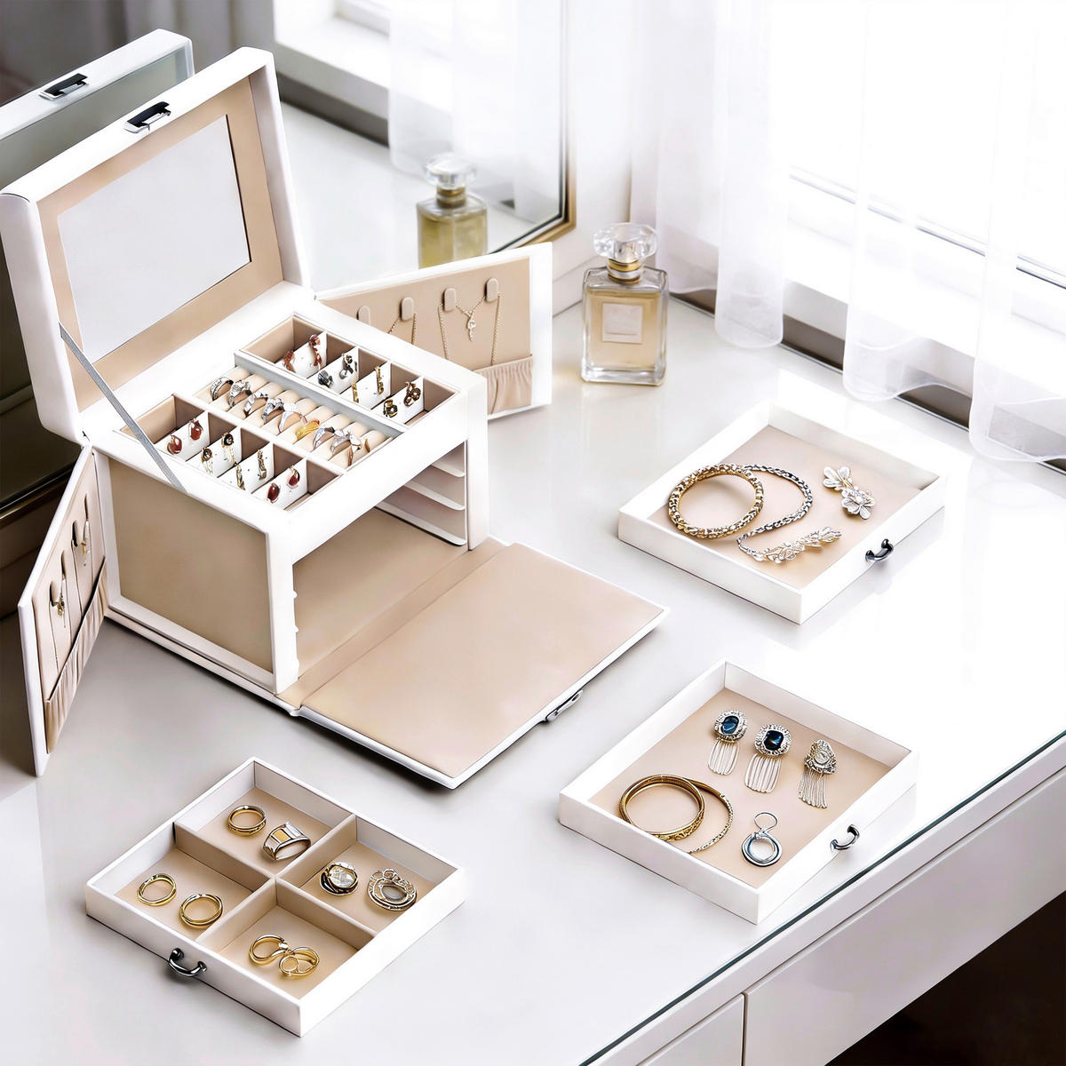 SCHMUCKKÄSTCHEN - Beige/Weiß, Trend, Leder/Holzwerkstoff (22,5/16,5/17,5cm) - Boxxx