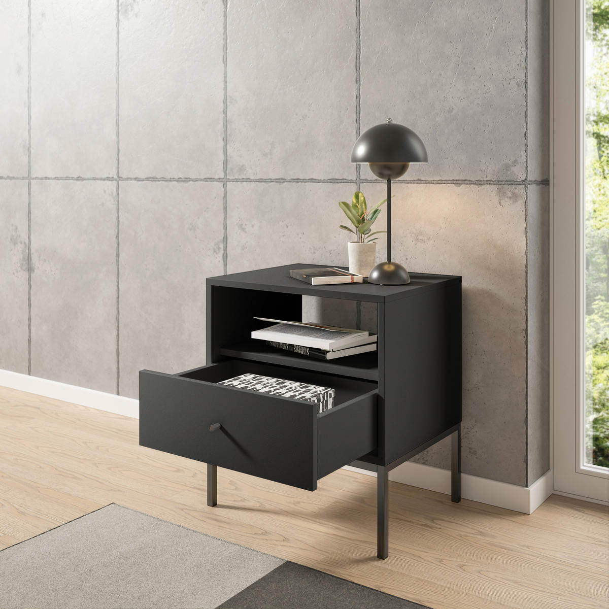 NACHTSCHRANK 54/56/39 cm  - Schwarz/Graphitfarben, MODERN, Holzwerkstoff/Metall (54/56/39cm) - MID.YOU