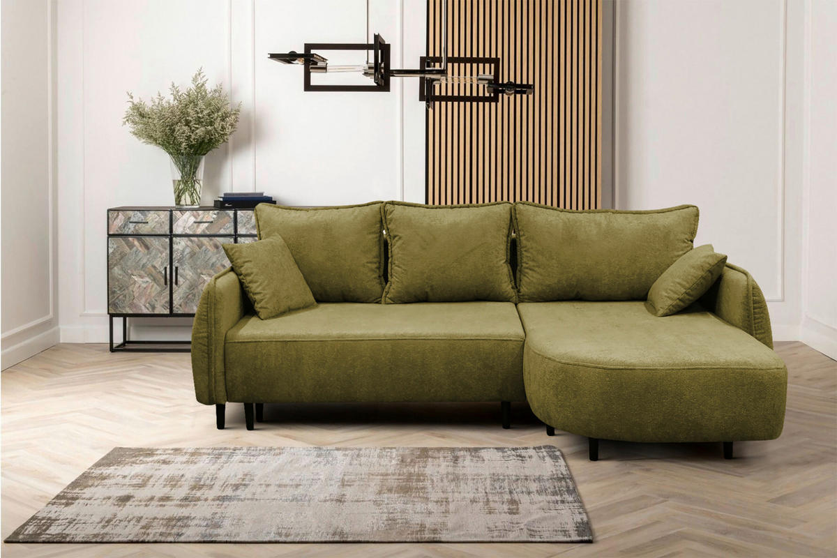 ECKSOFA MURANO Grün Chenille Zierkissen, Rückenkissen, Bettkasten  - Schwarz/Grün, Design, Holz/Textil (242/167cm) - MID.YOU