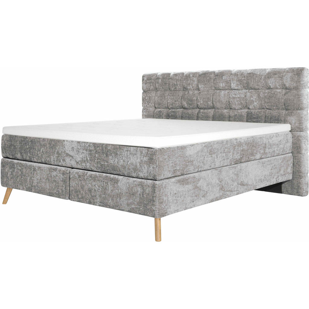 Thumbnail - Esposa Boxspringbett, Grau, Textil, Eiche, massiv, H2 + H3, 7-Zonen, Höhe ca. 20 cm, 160x200 cm, gepolstertes Kopfteil, ...