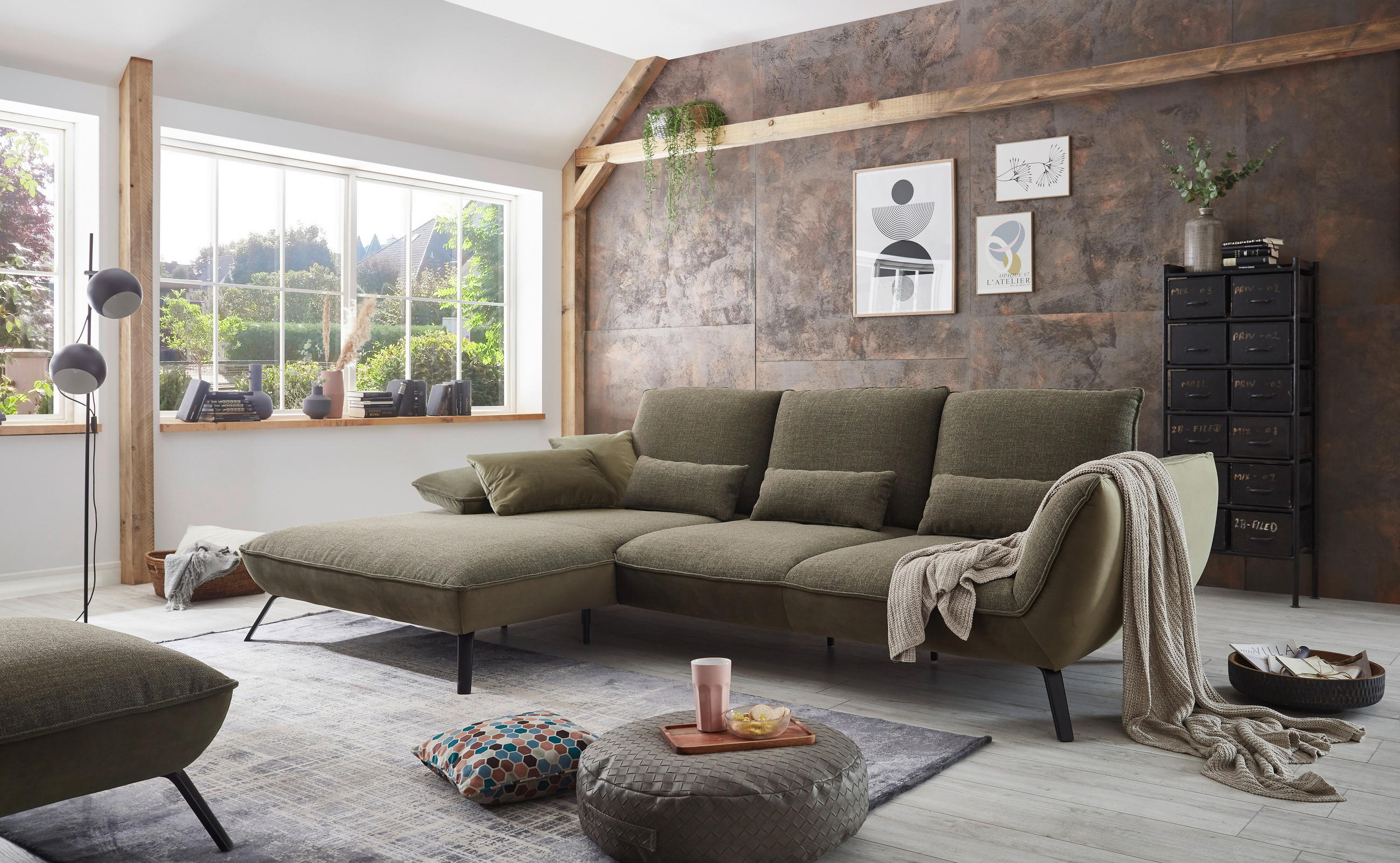 ECKSOFA Olivgrün Flachgewebe  - Schwarz/Olivgrün, Design, Textil/Metall (301/191cm) - Moderano