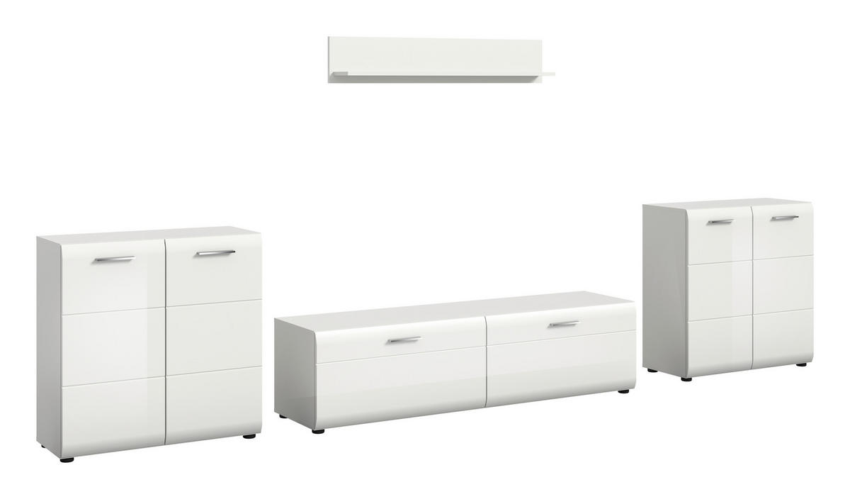 WOHNWAND 4-teilig  in Weiß, Weiß Hochglanz  350/160/41 cm  - Weiß Hochglanz/Silberfarben, Design, Holzwerkstoff/Kunststoff (350/160/41cm) - Livetastic