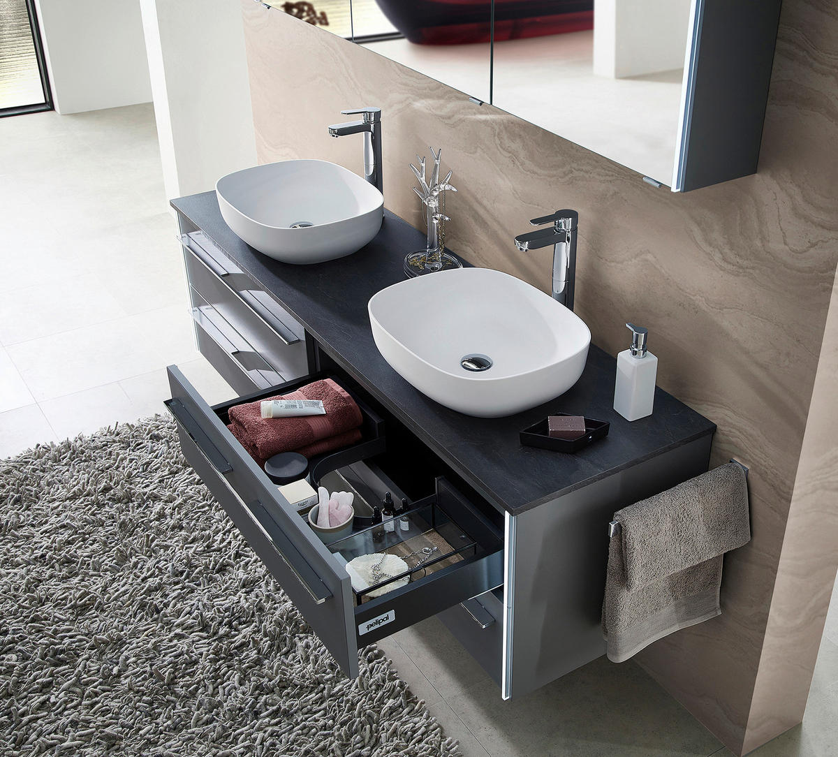 WASCHTISCHKOMBI 174 cm  - Chromfarben/Dunkelgrau, Design, Glas/Holzwerkstoff (174cm) - Leonardo Living