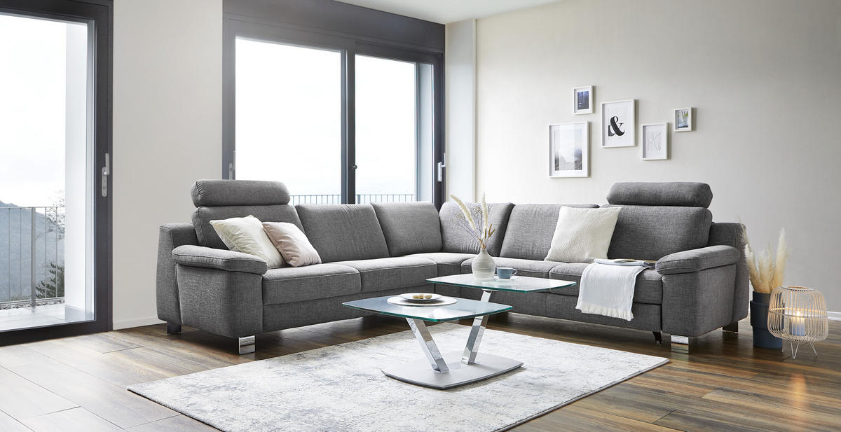 ECKSOFA Grau Chenille  - Chromfarben/Grau, Design, Textil/Metall (278/278cm) - Valdera