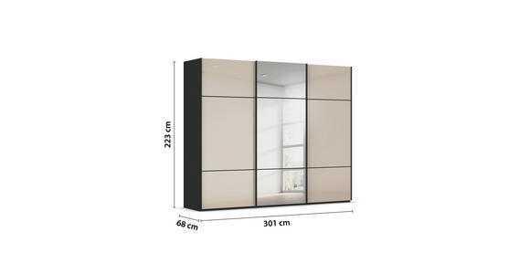 SCHWEBETÜRENSCHRANK 301/223/68 cm 3-türig Schwarz, Champagner - Champagner/Schwarz, KONVENTIONELL, Glas/Holzwerkstoff (301/223/68cm) - Novel