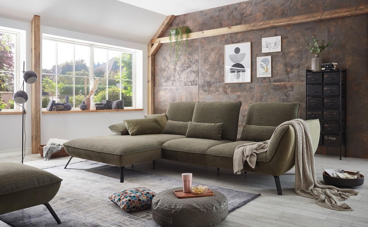 ECKSOFA Flachgewebe Olivgrün  - Schwarz/Olivgrün, Design, Textil/Metall (191/301cm) - Moderano