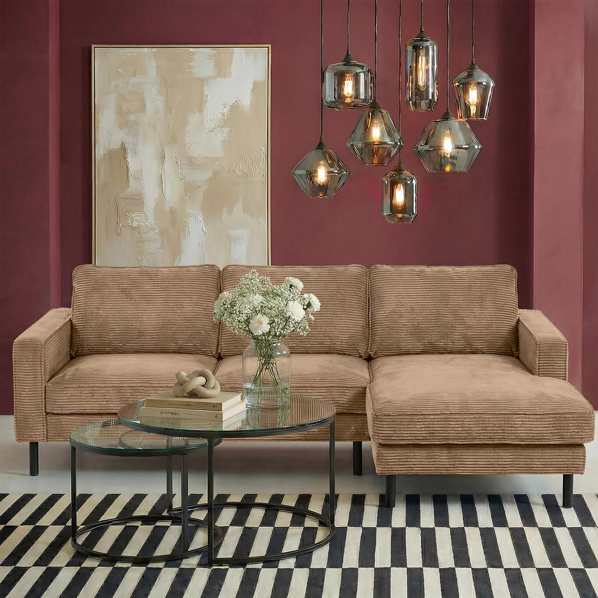 ECKSOFA Hellbraun Cord Rücken echt  - Hellbraun/Schwarz, Design, Textil/Metall (238/166cm) - Livetastic