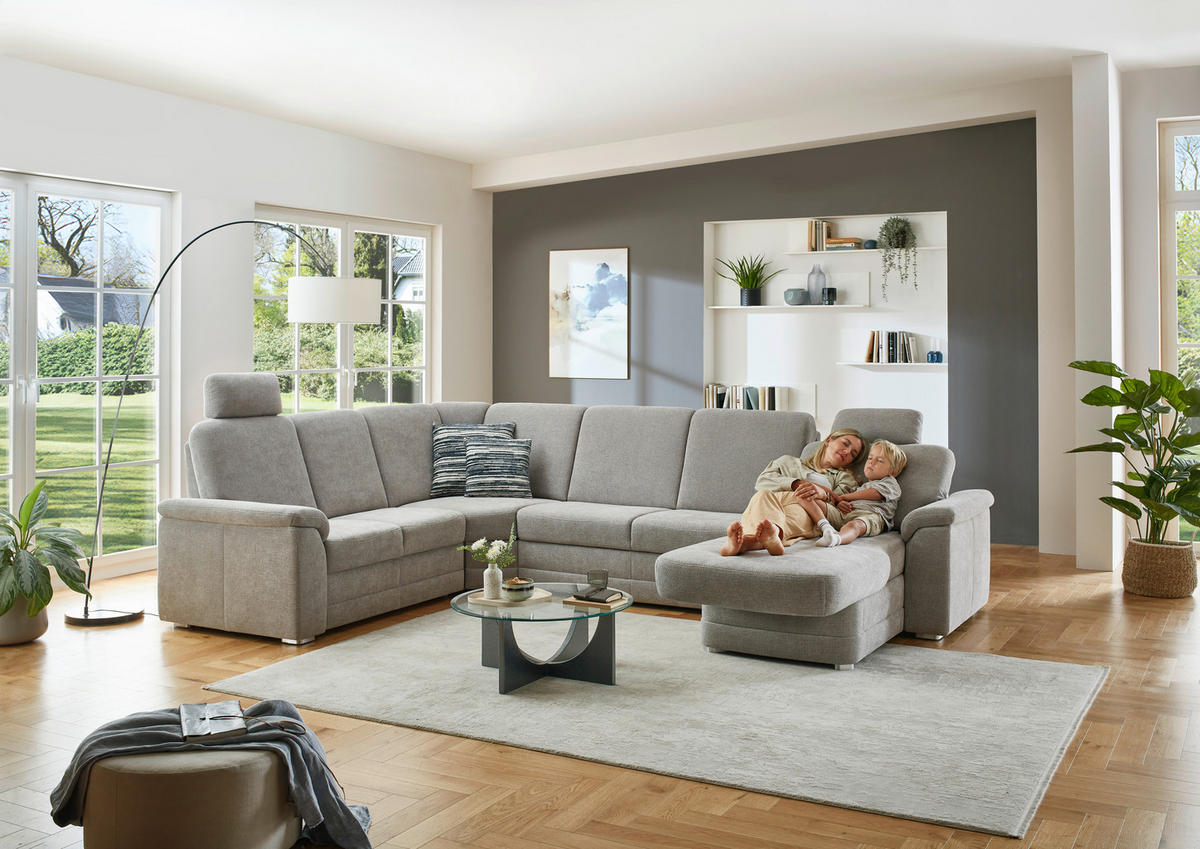 WOHNLANDSCHAFT Chenille Hellgrau  - Hellgrau/Alufarben, Konventionell, Holz/Textil (235/329/160cm) - Beldomo Comfort