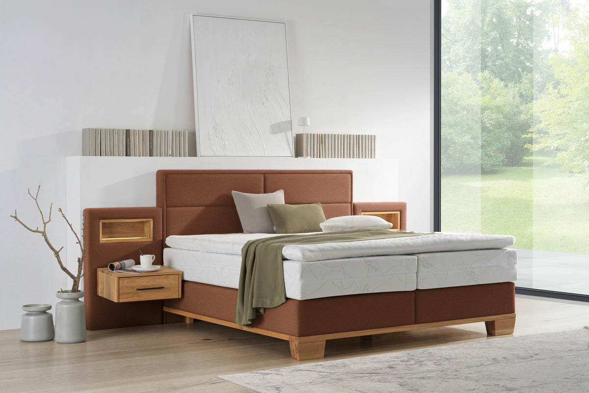 BOXSPRINGBETT 180/200 cm,  in Orange, Eichefarben, Matratze, Topper, unterschiedliche Matratzenhärtegrade je Bettseite, H3 + H4 = fest + sehr fest  - Eichefarben/Orange, Natur, Holz/Textil (180/200cm) - Valnatura