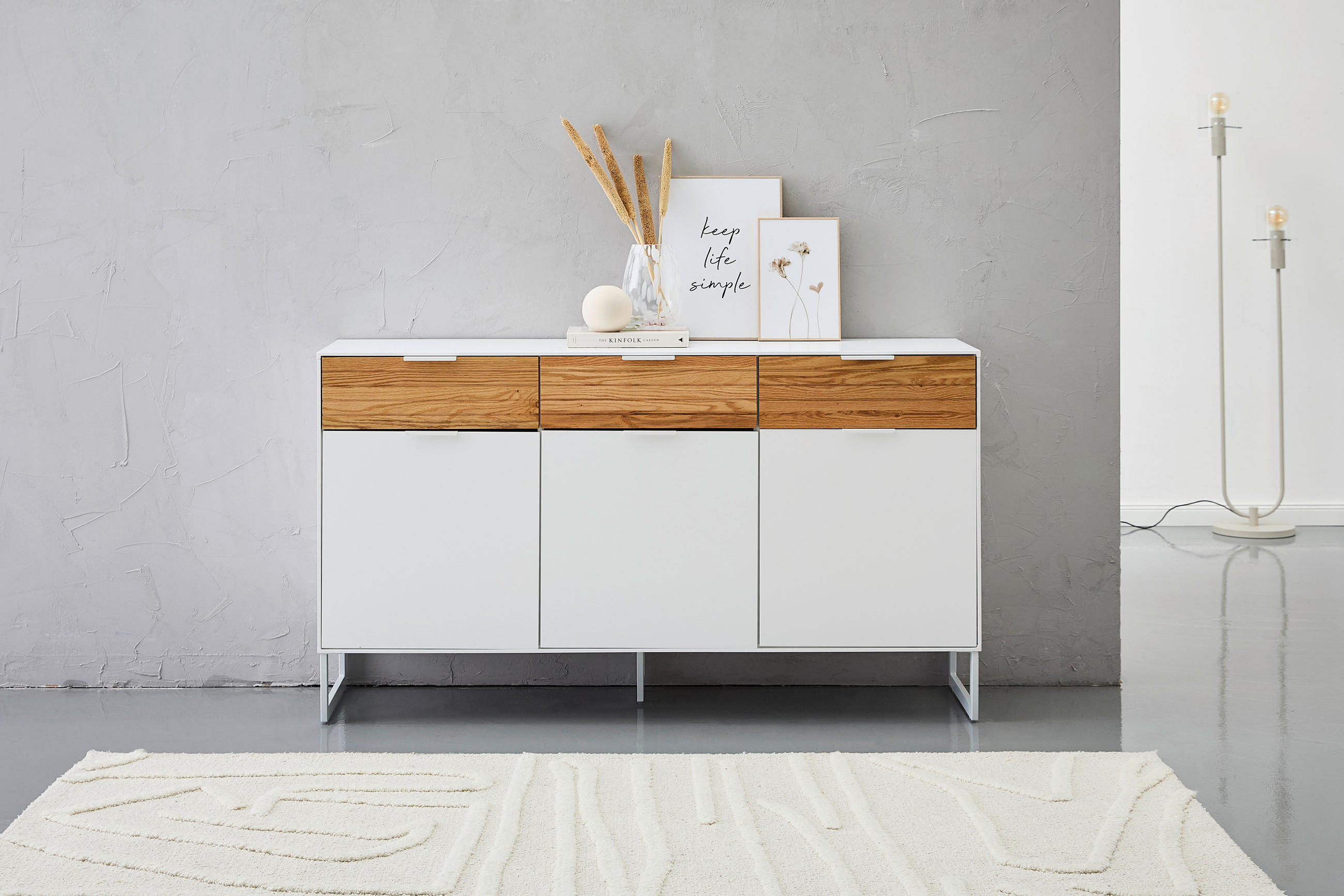 COMODĂ CU UȘI 152/85/40 cm  - alb/culoare lemn stejar, Design, metal/lemn (152/85/40cm) - MID.YOU