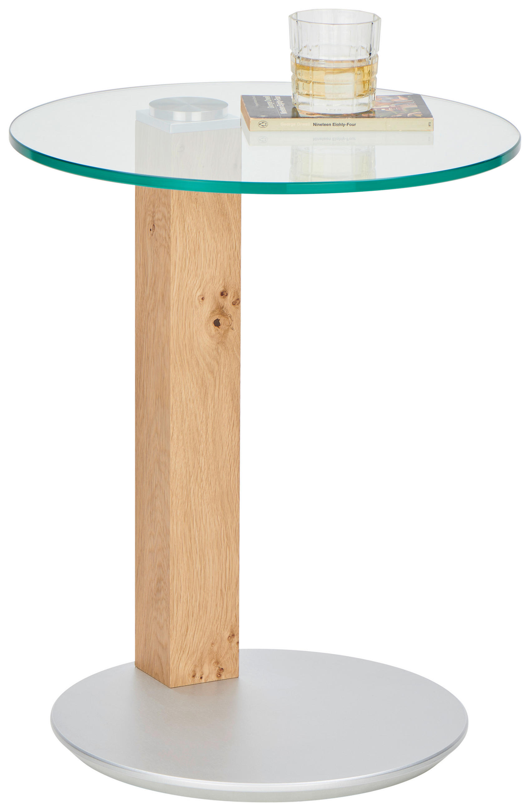 BEISTELLTISCH in Holz, Metall, Glas 50/50/65 cm  - Edelstahlfarben/Eichefarben, Konventionell, Glas/Holz (50/50/65cm)